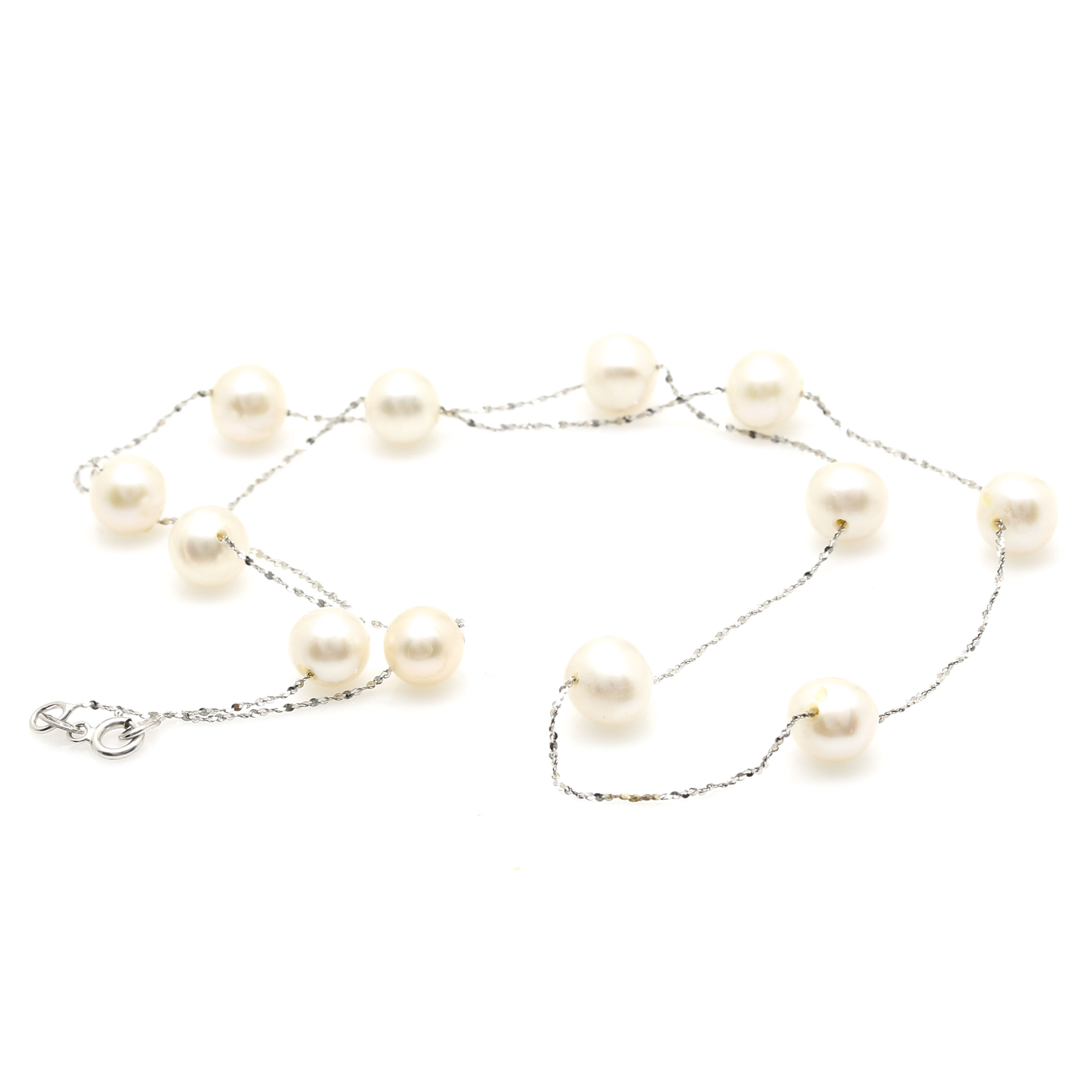 14K White Gold Cultured Pearl Station Necklace