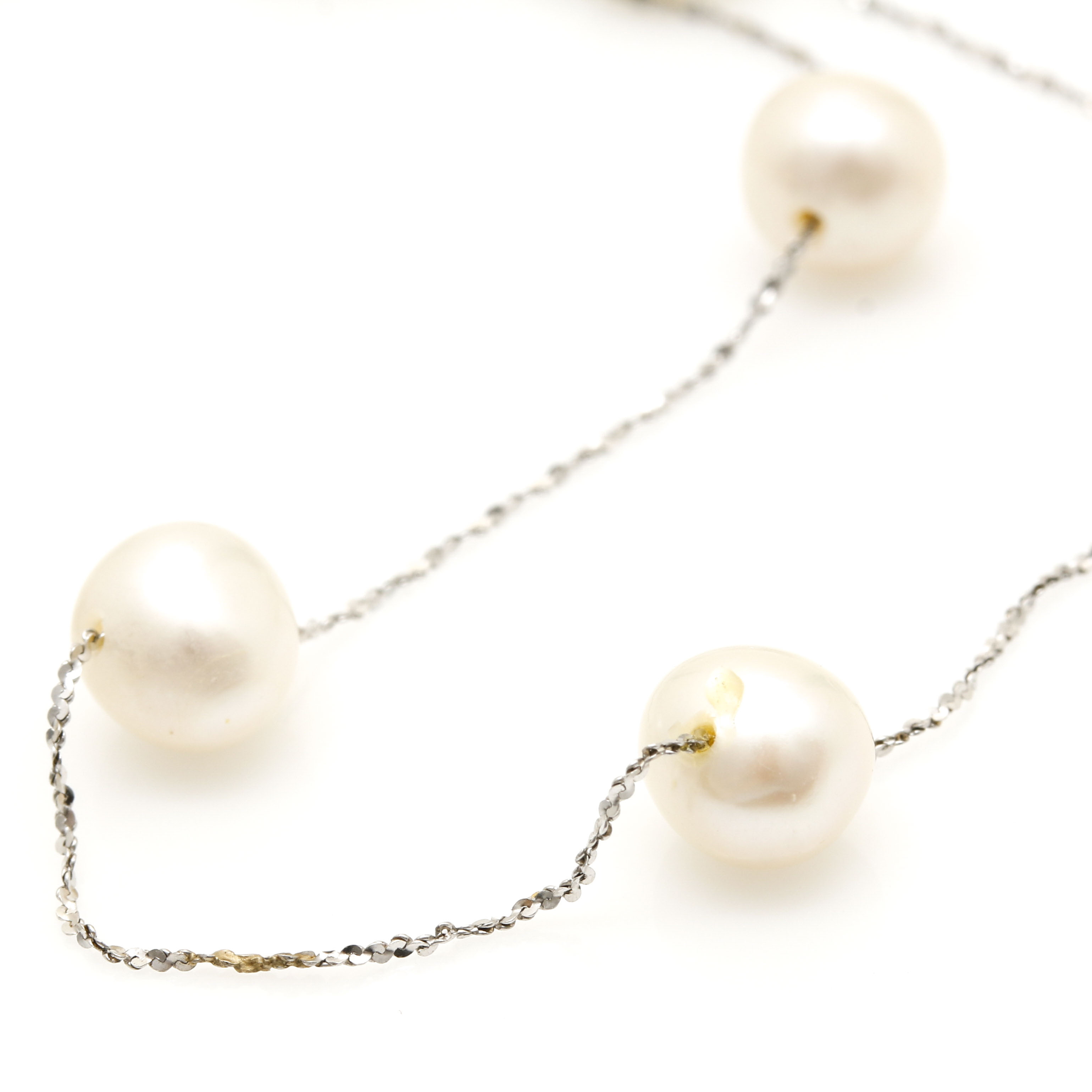 14K White Gold Cultured Pearl Station Necklace