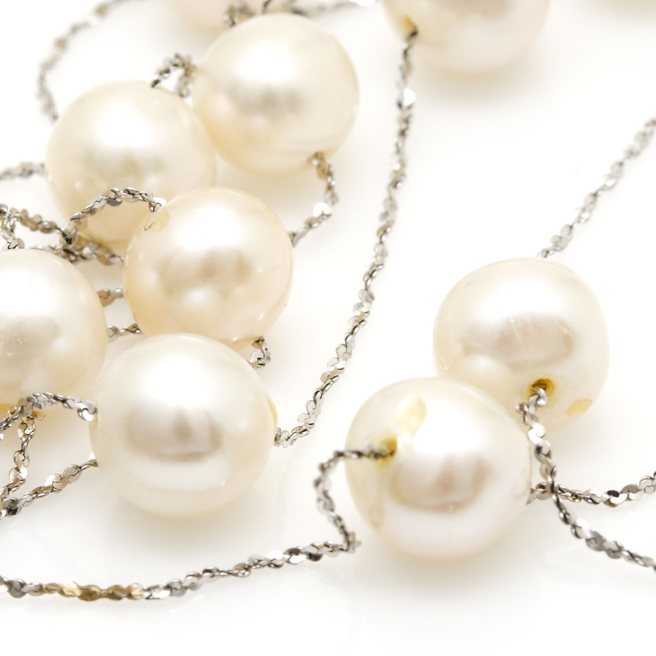14K White Gold Cultured Pearl Station Necklace