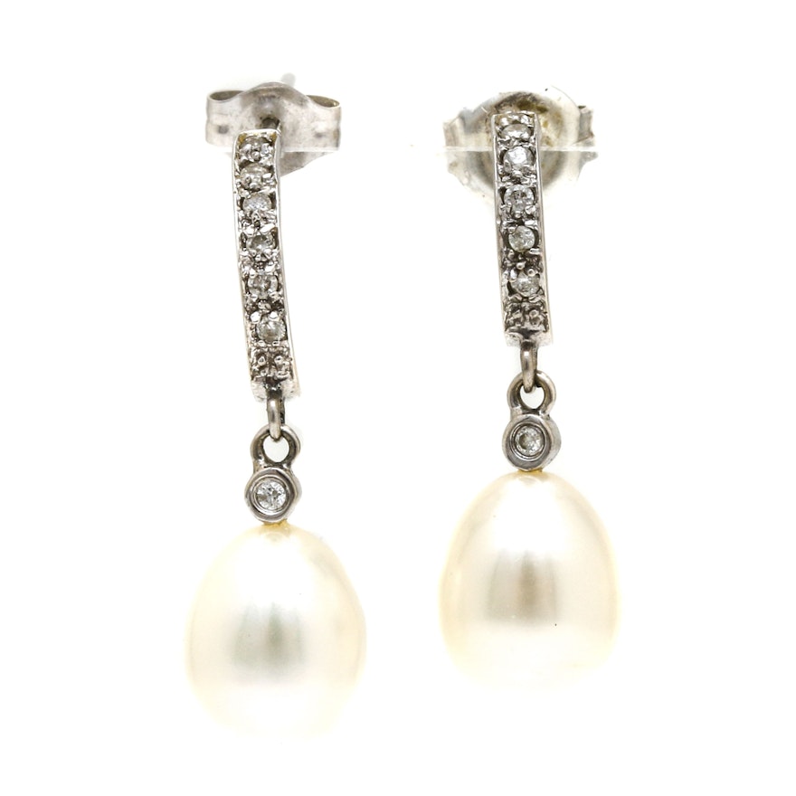 14K White Gold Diamond Cultured Pearl Drop Earrings