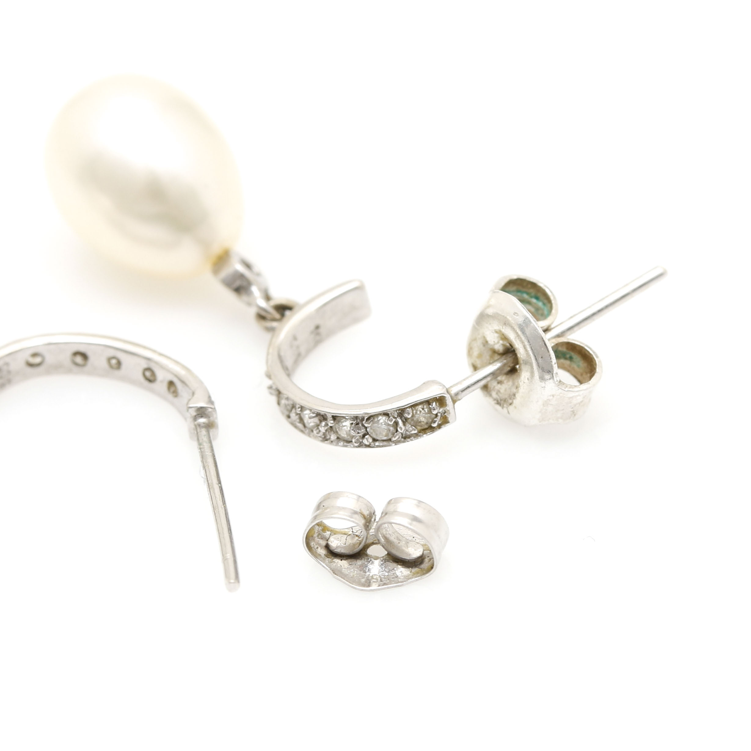 14K White Gold Diamond Cultured Pearl Drop Earrings