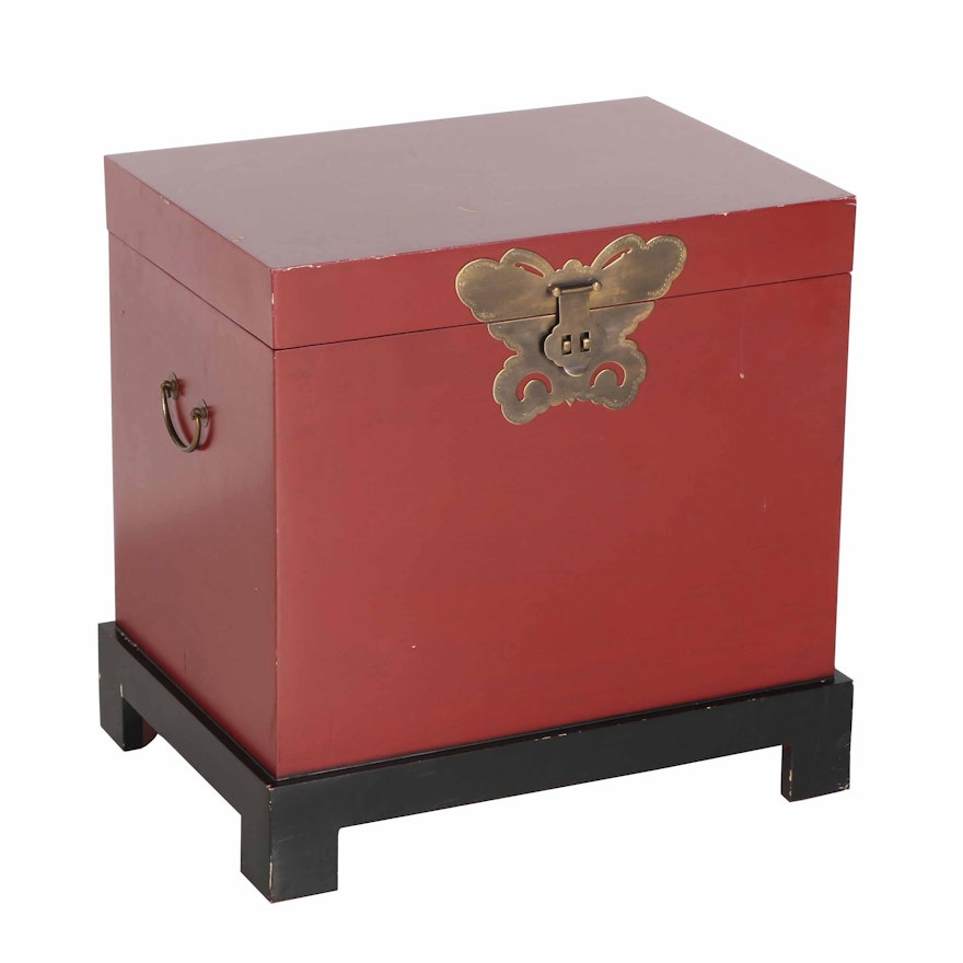 Chinese Inspired Wooden Chest With Butterfly Latch and Stand