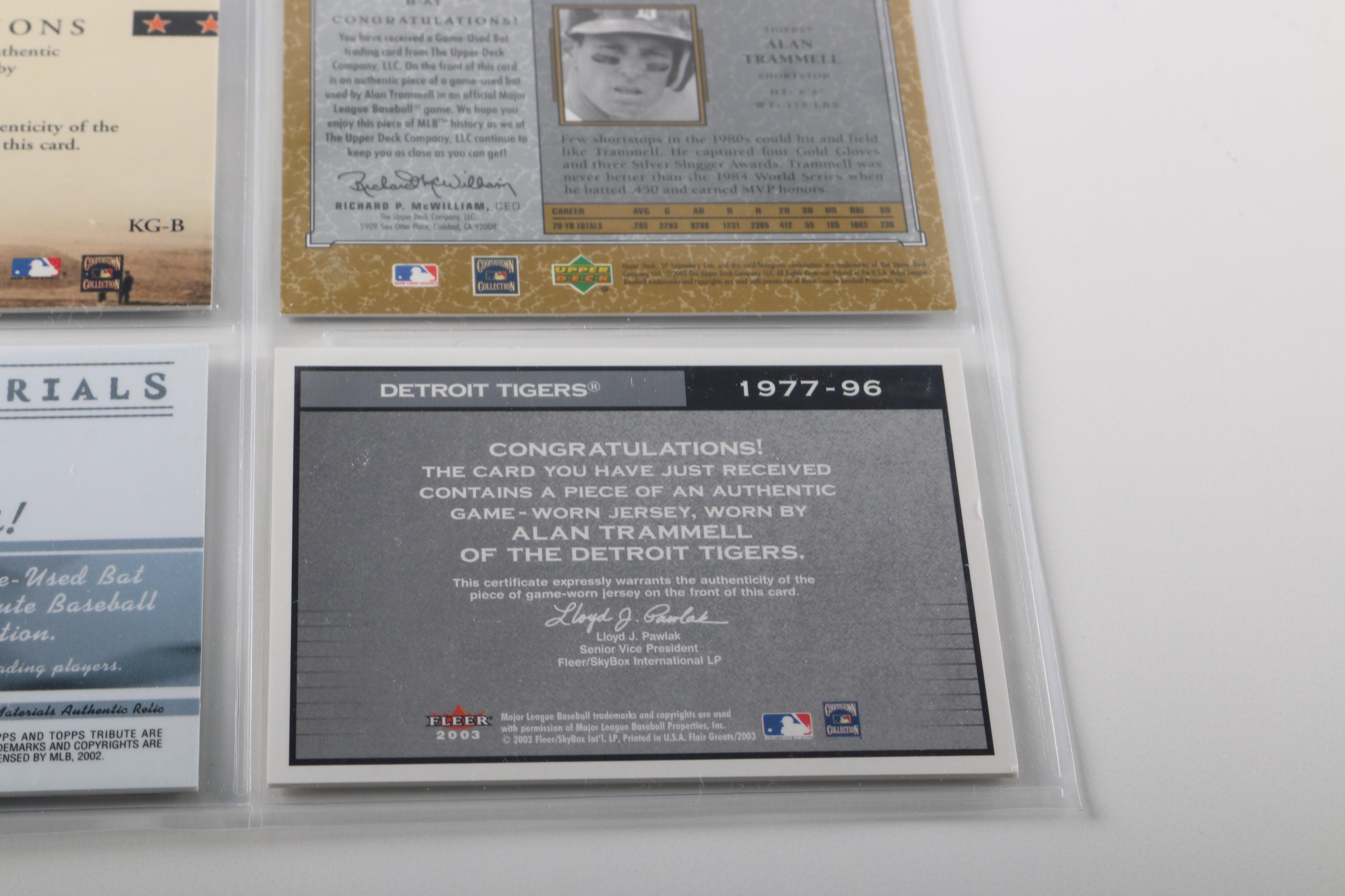 Detroit Tigers Cards Featuring Trammel Signature and Game-Used Memorabilia