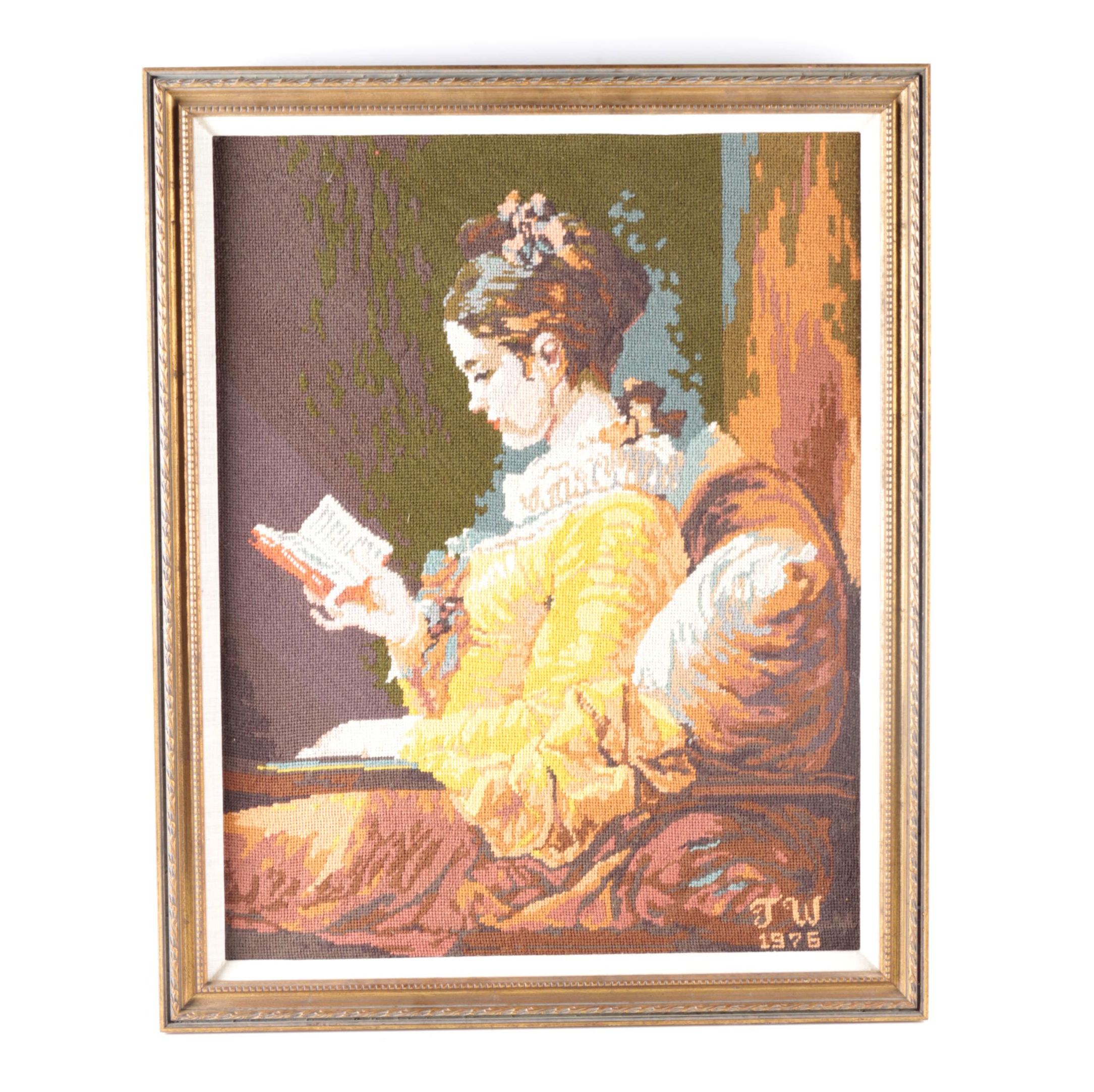 Vintage Needlepoint After Jean-Honoré Fragonard "A Young Girl Reading"
