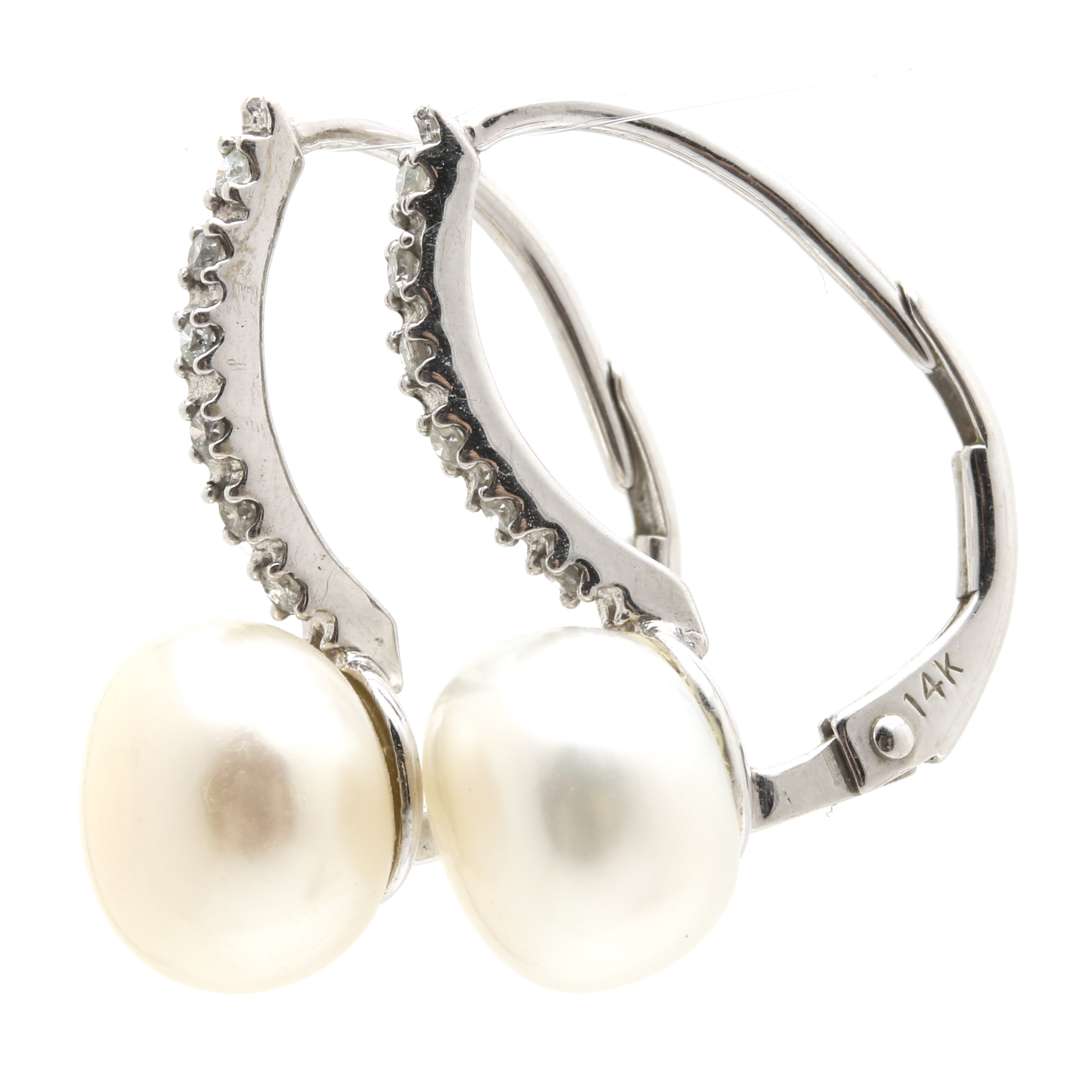 14K White Gold Pearl and Diamond Earrings