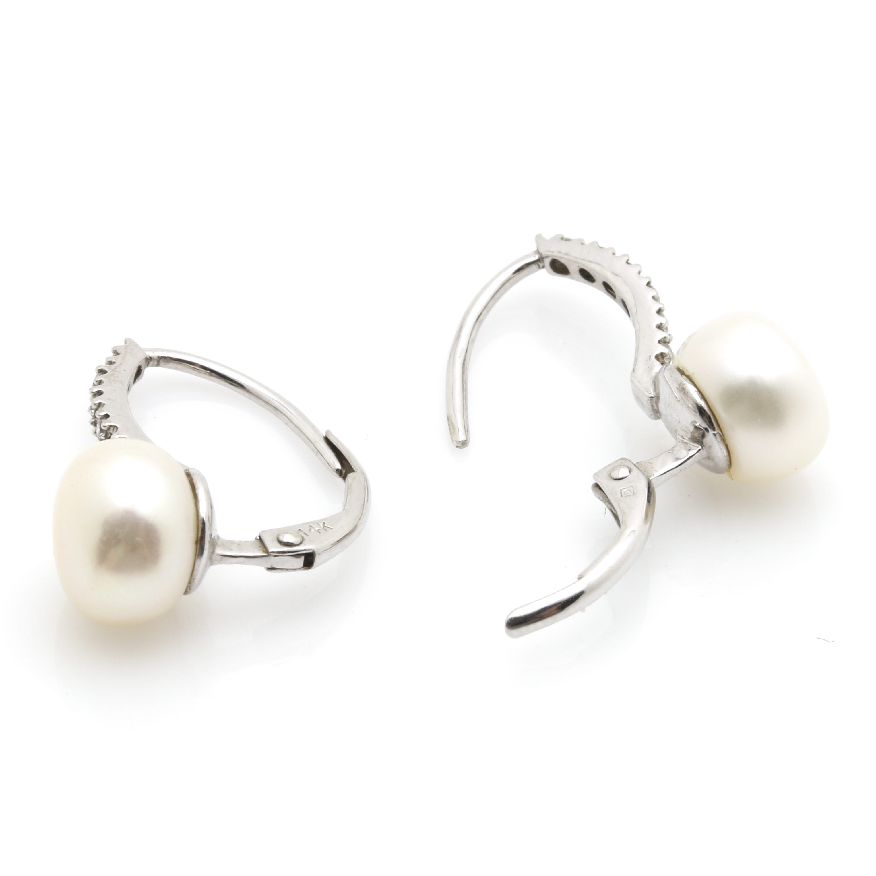14K White Gold Pearl and Diamond Earrings