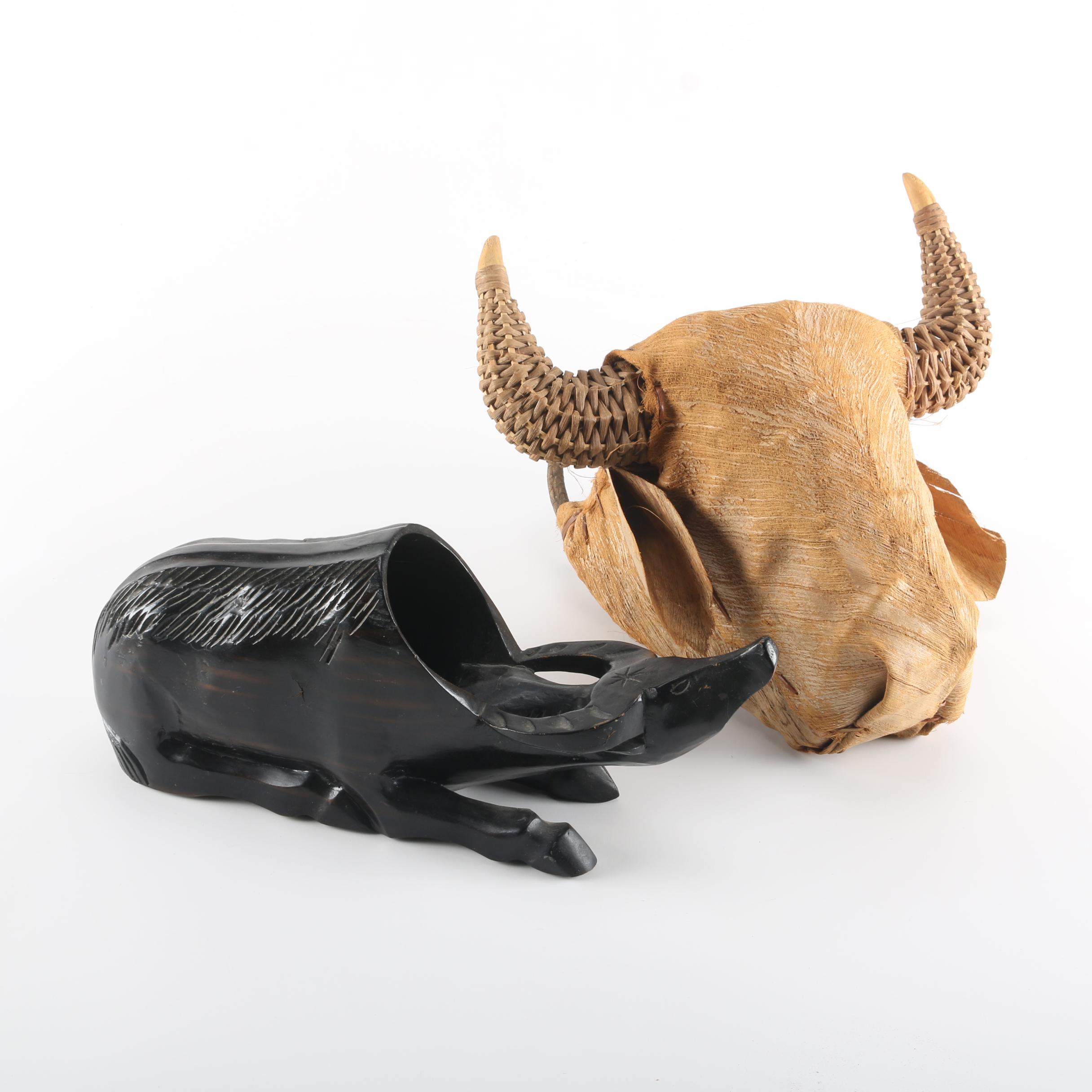 Steer Head Shaped Basket and a Wooden Wine Bottle Holder