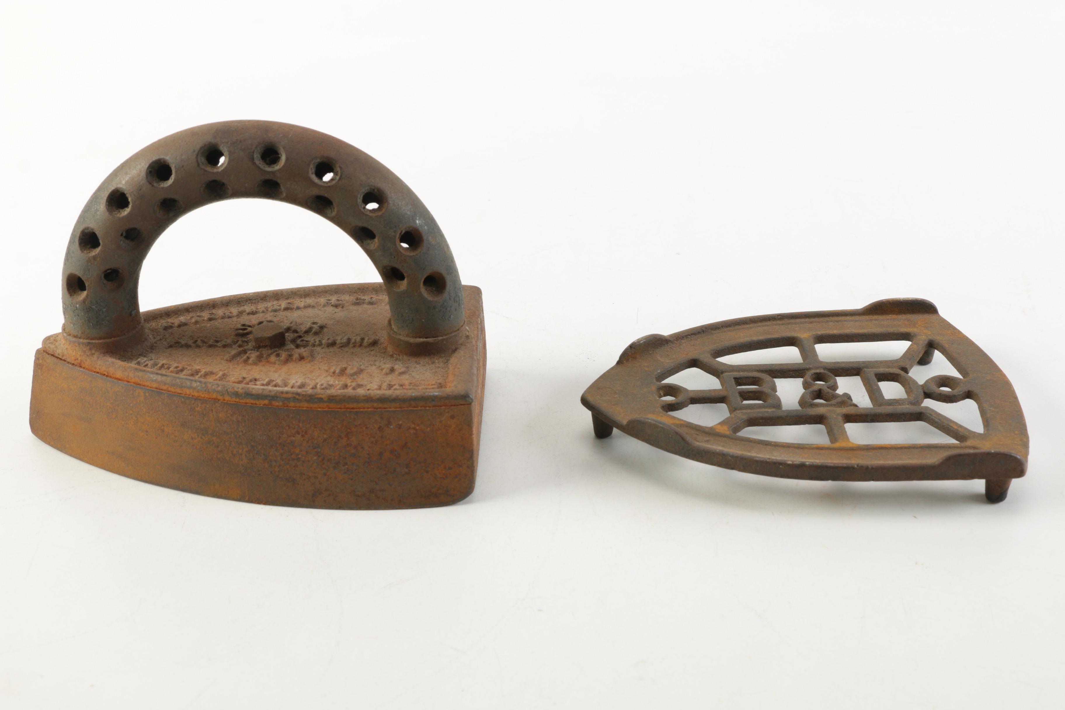 Vintage Metal Irons With Trivet Stands