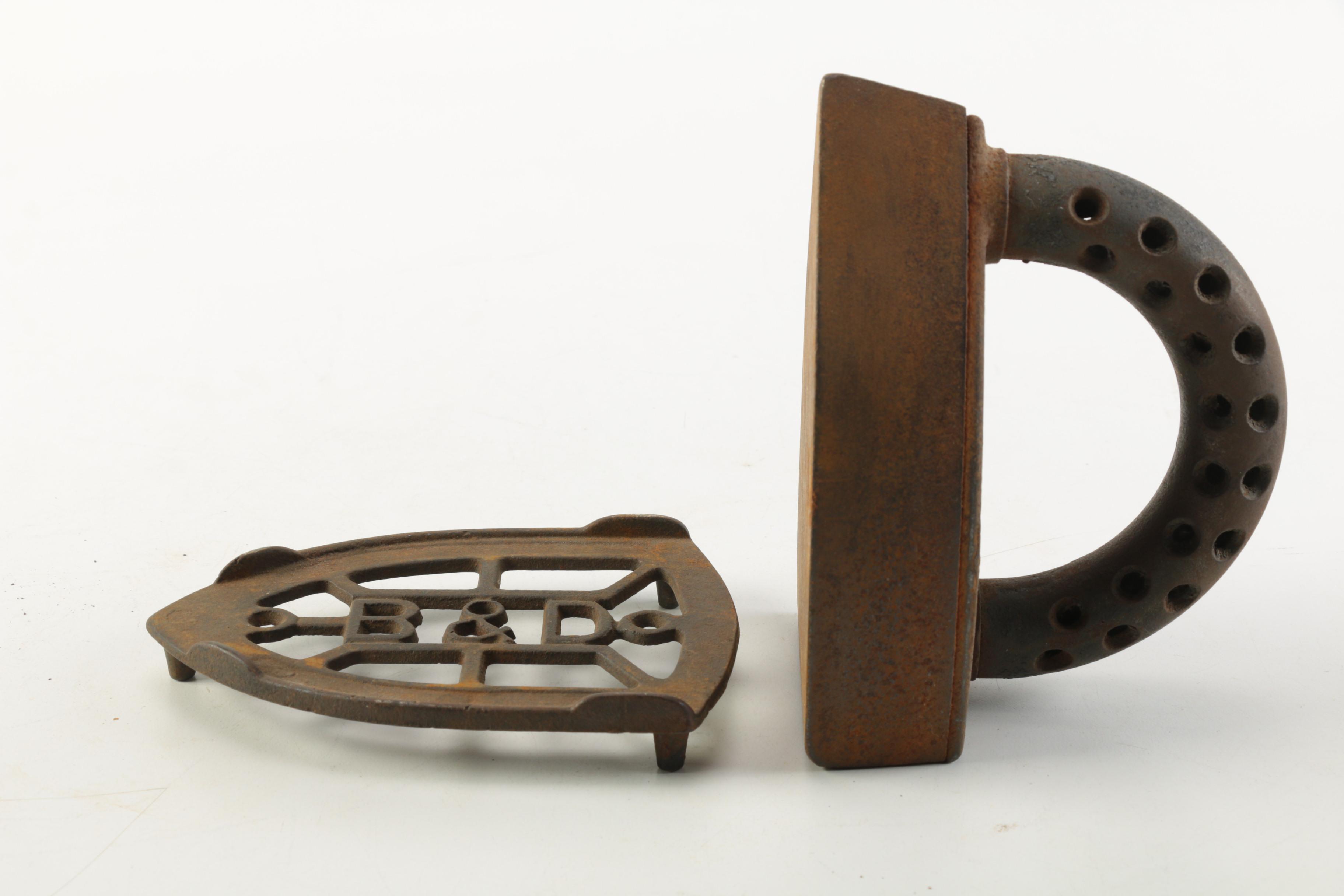 Vintage Metal Irons With Trivet Stands