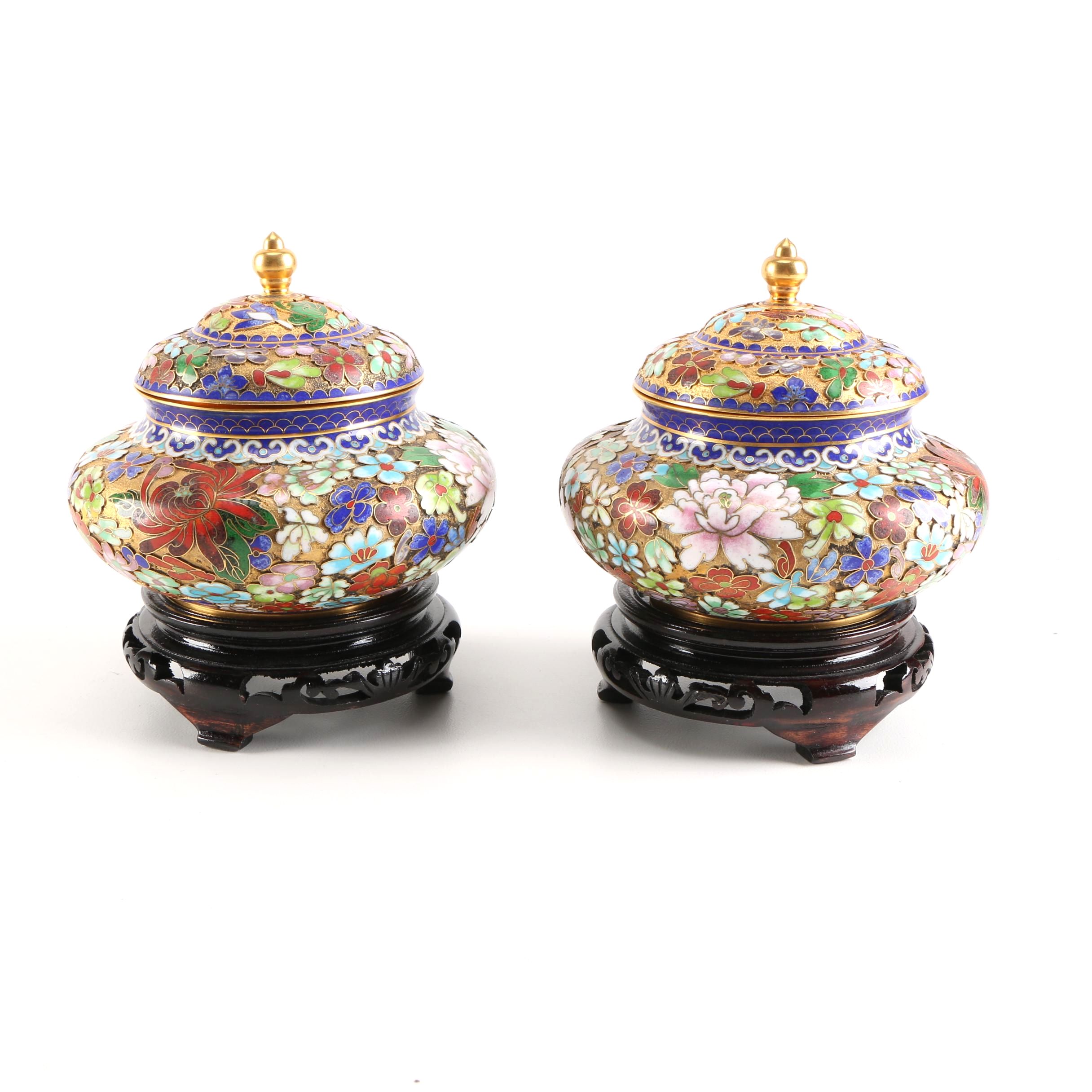 Pair of Chinese Cloisonné Ginger Jars with Pedestal Stands