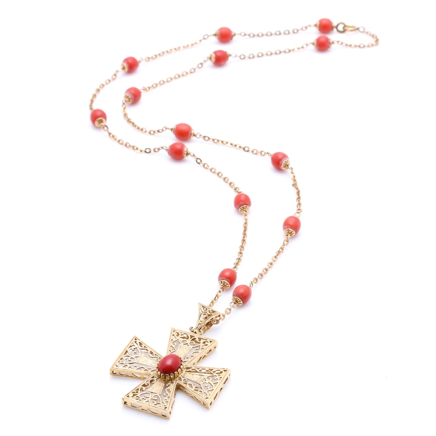 18K Yellow Gold Coral Bead Necklace with a Filigree Cruciform Pendant