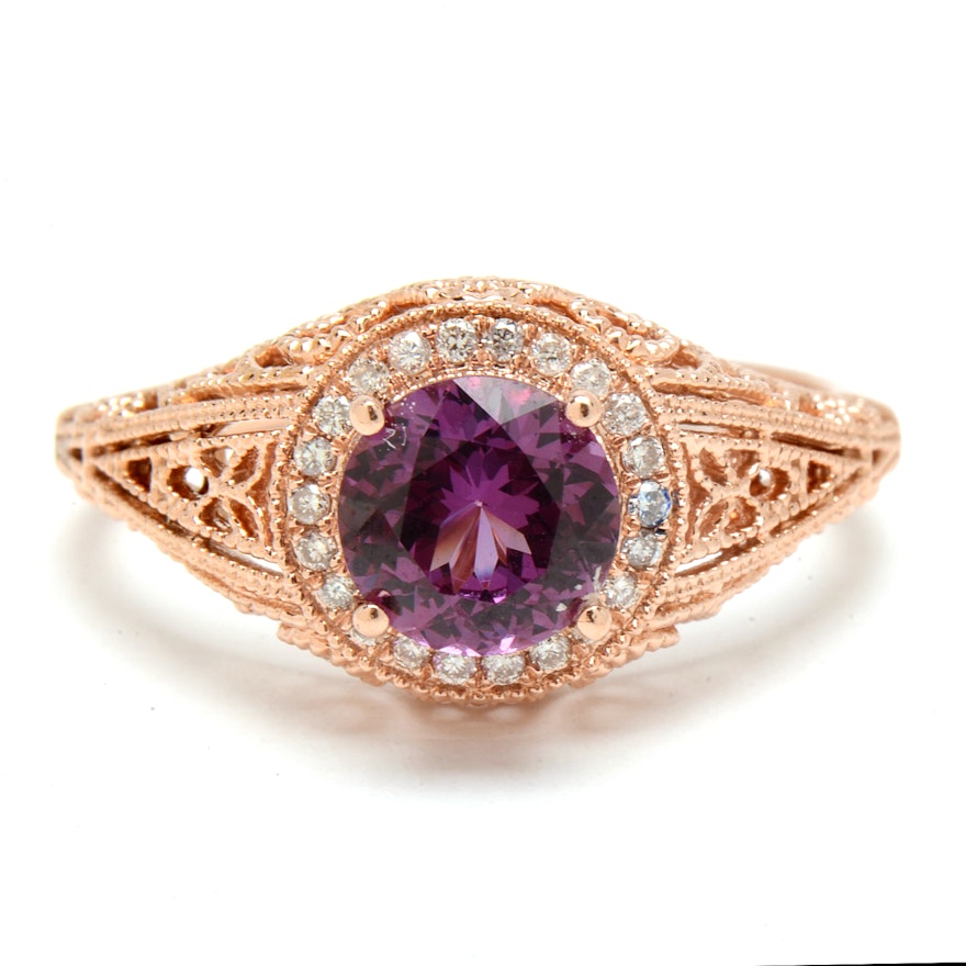 14K Rose Gold Color Shift Garnet Diamond Filigree Ring