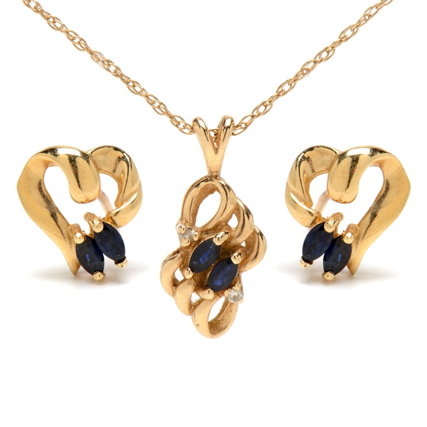 14K Yellow Gold Natural Blue Sapphire Diamond Necklace Earring Set