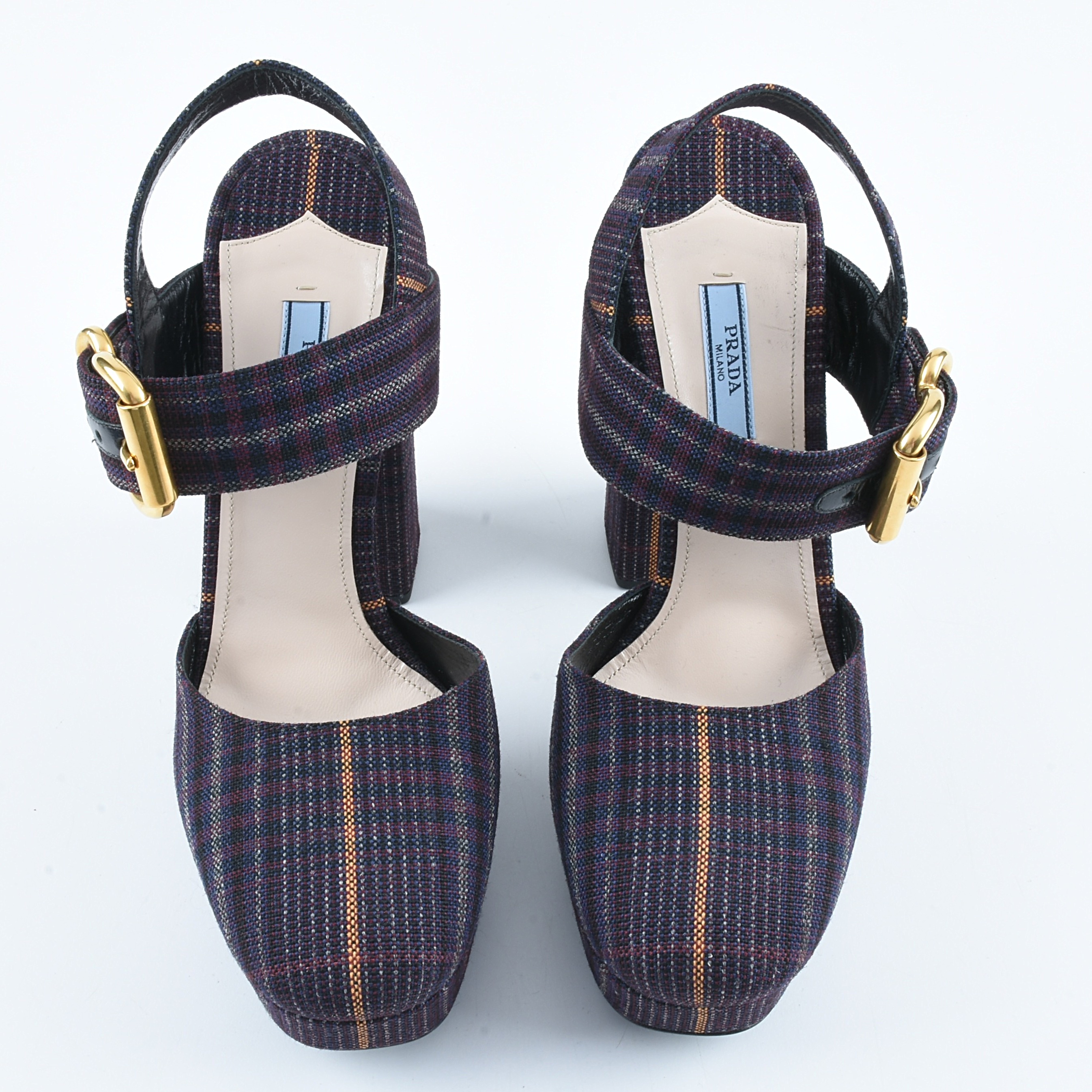 Prada Ankle Strap Platform Shoes in Bordeaux Plaid