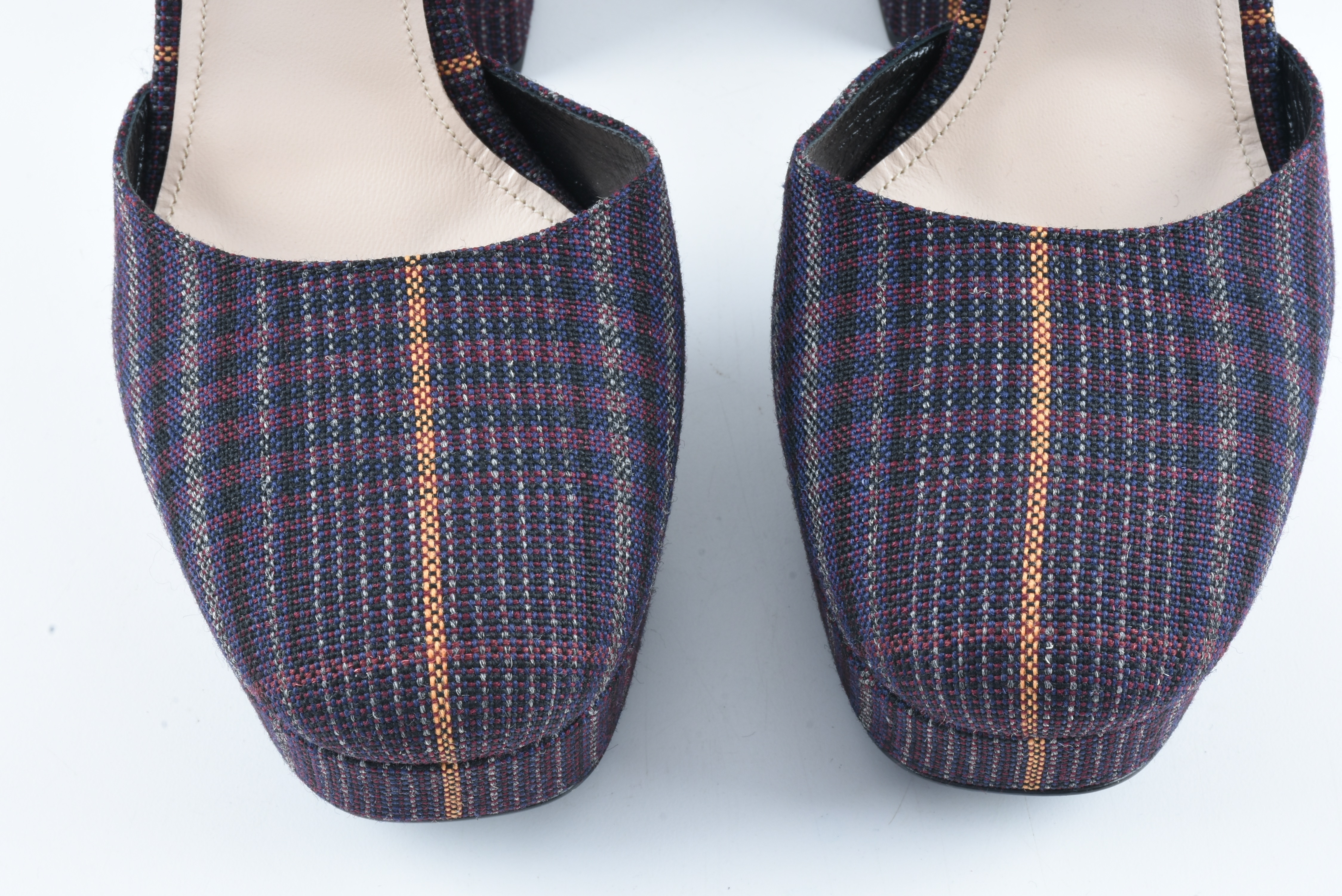 Prada Ankle Strap Platform Shoes in Bordeaux Plaid