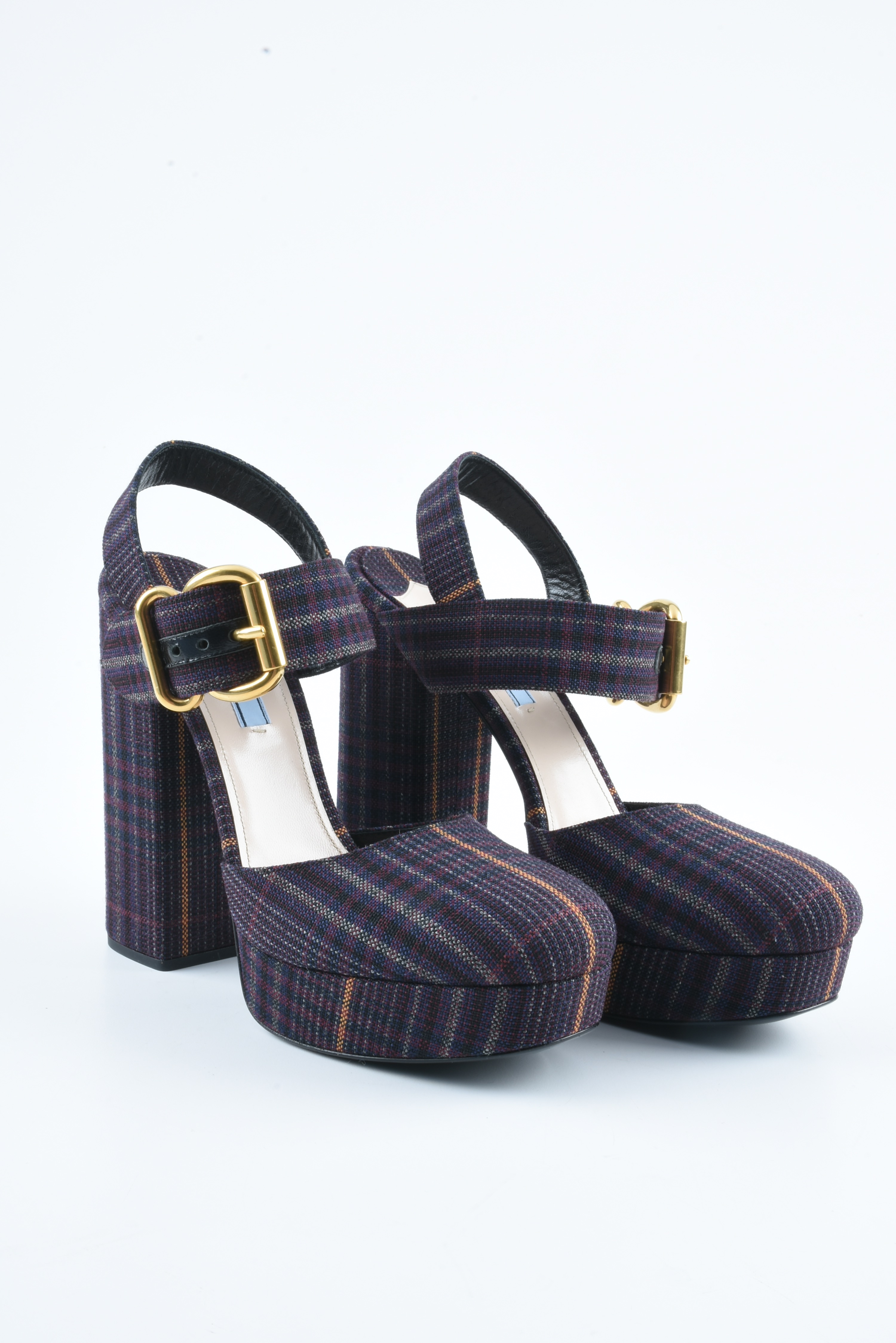 Prada Ankle Strap Platform Shoes in Bordeaux Plaid