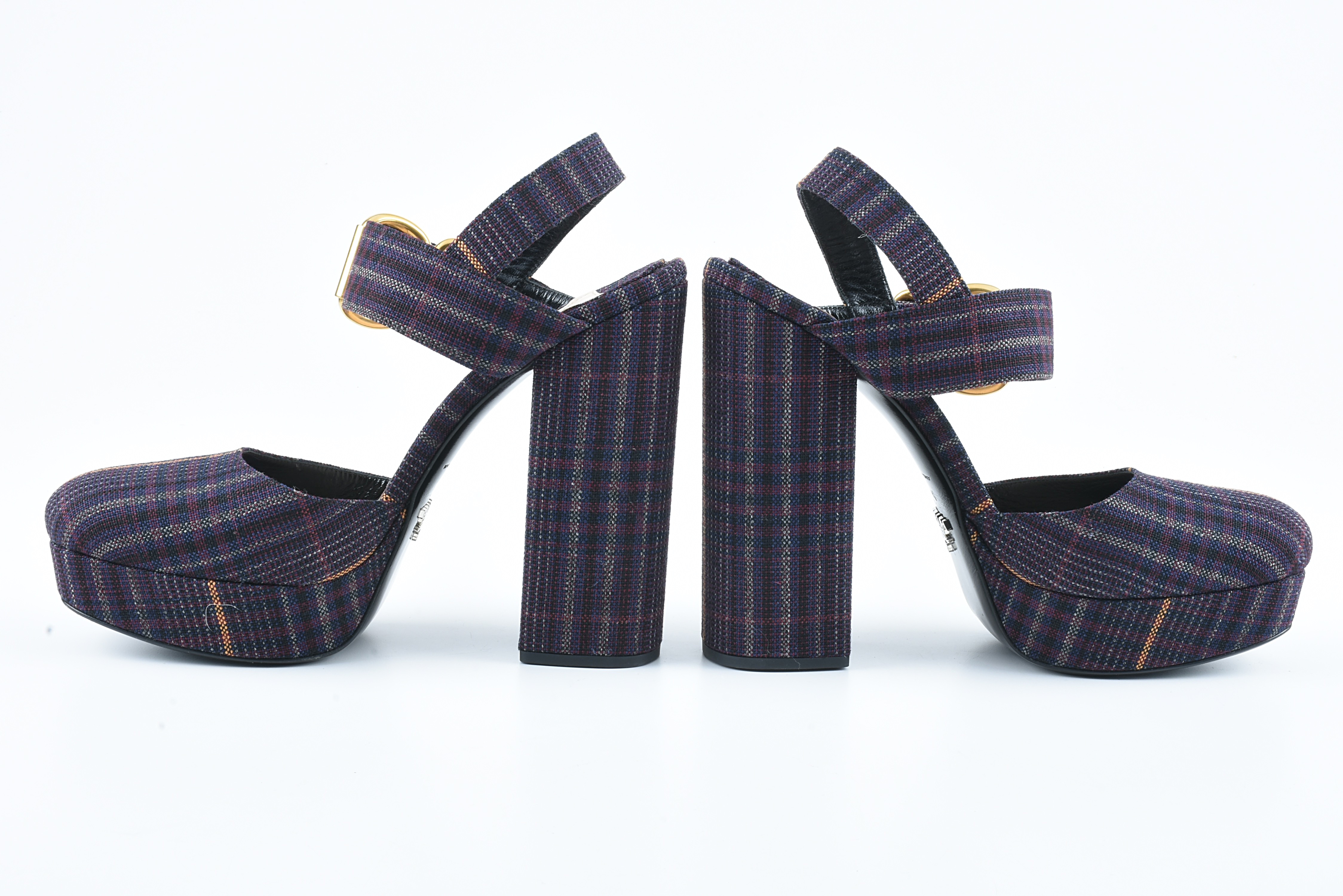 Prada Ankle Strap Platform Shoes in Bordeaux Plaid
