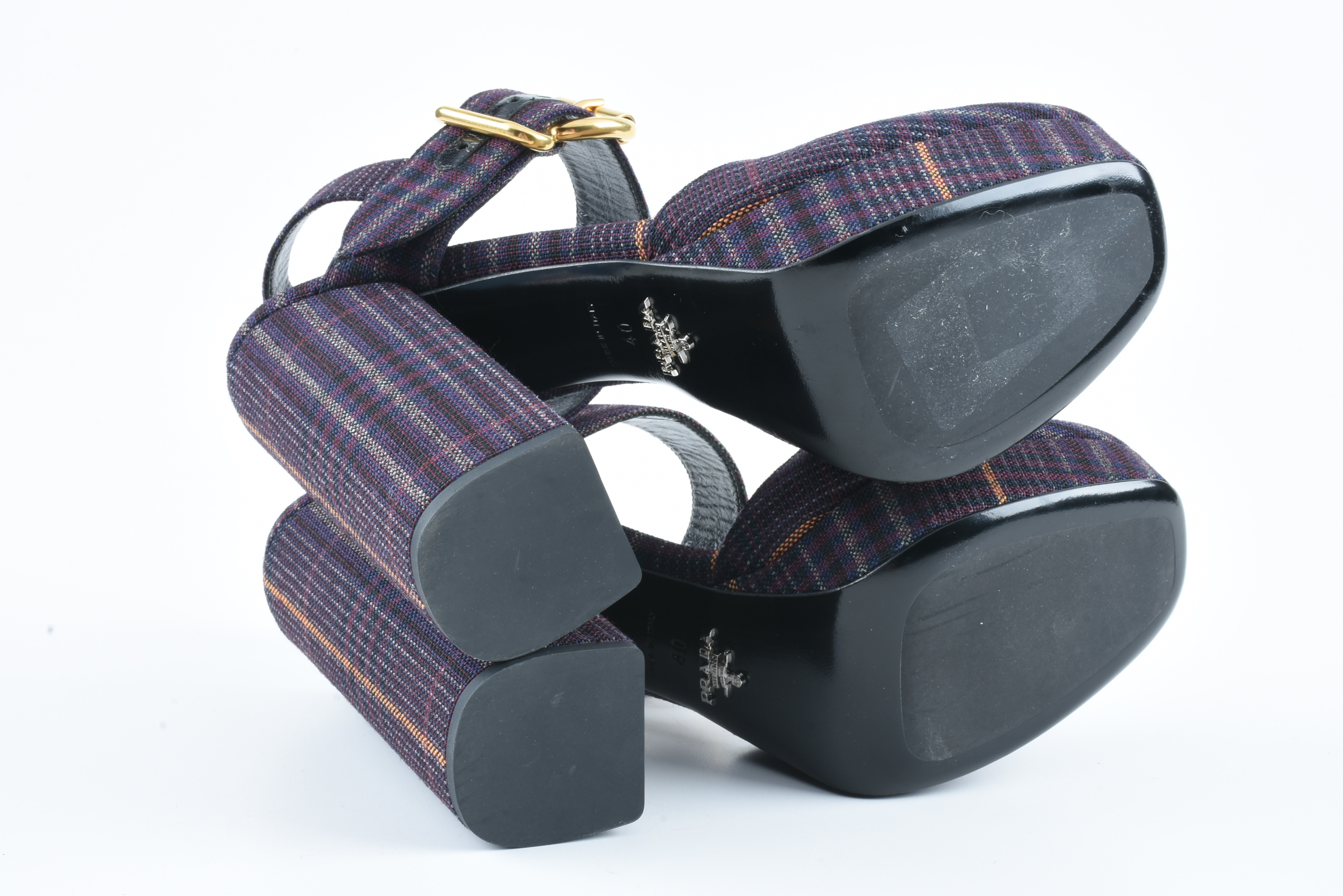 Prada Ankle Strap Platform Shoes in Bordeaux Plaid