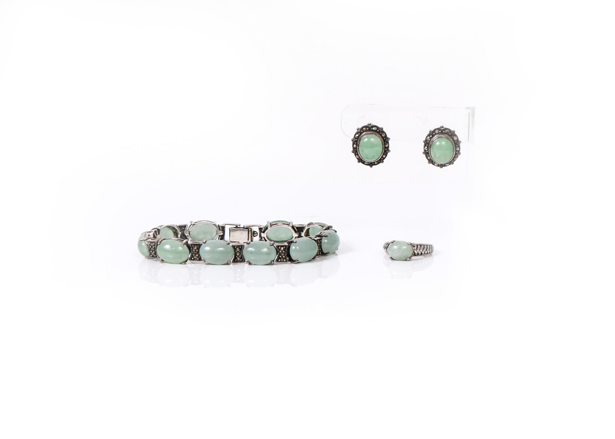 Sterling Silver and Jade Bracelet, Ring, and Earring Set