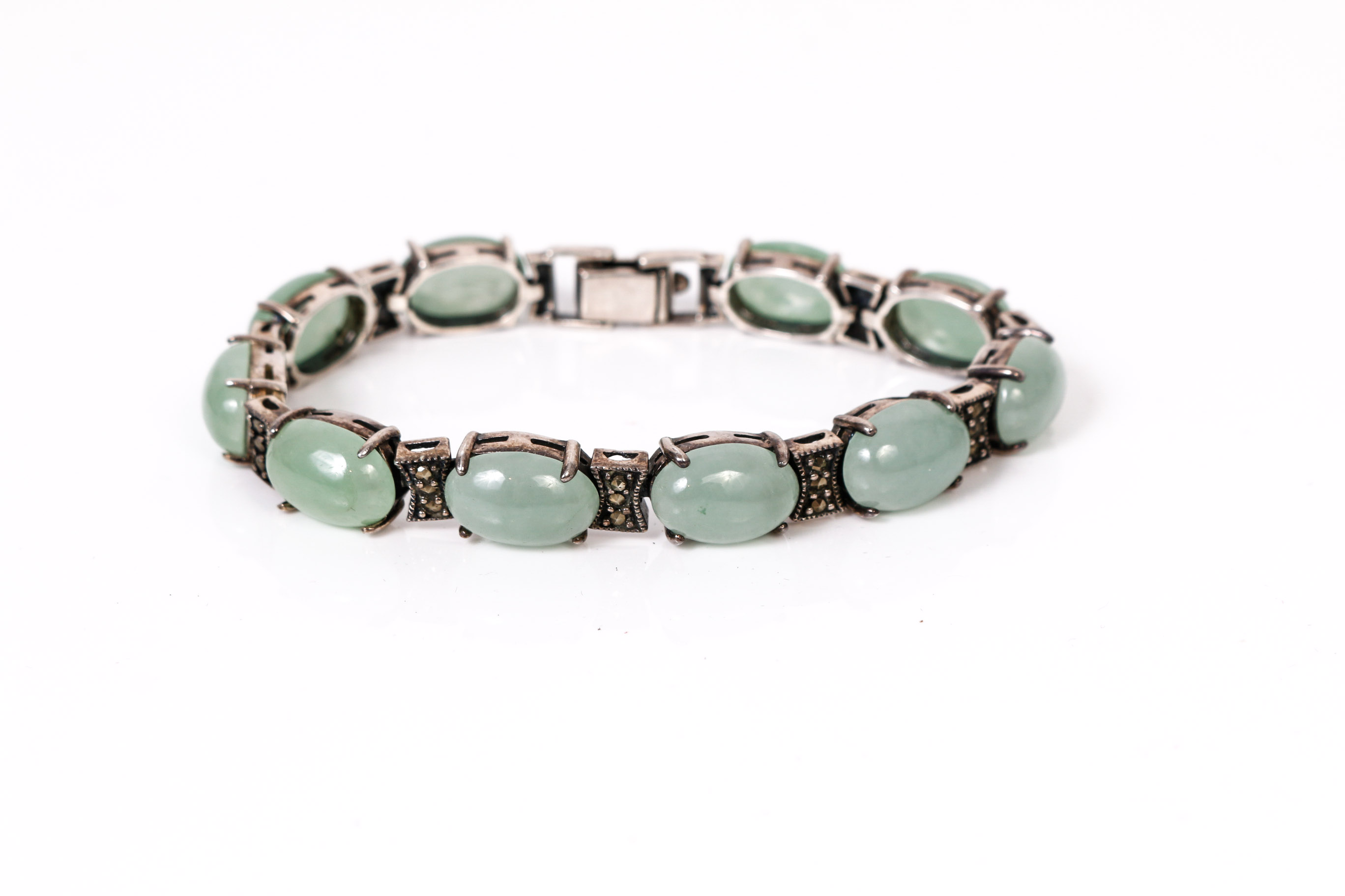 Sterling Silver and Jade Bracelet, Ring, and Earring Set