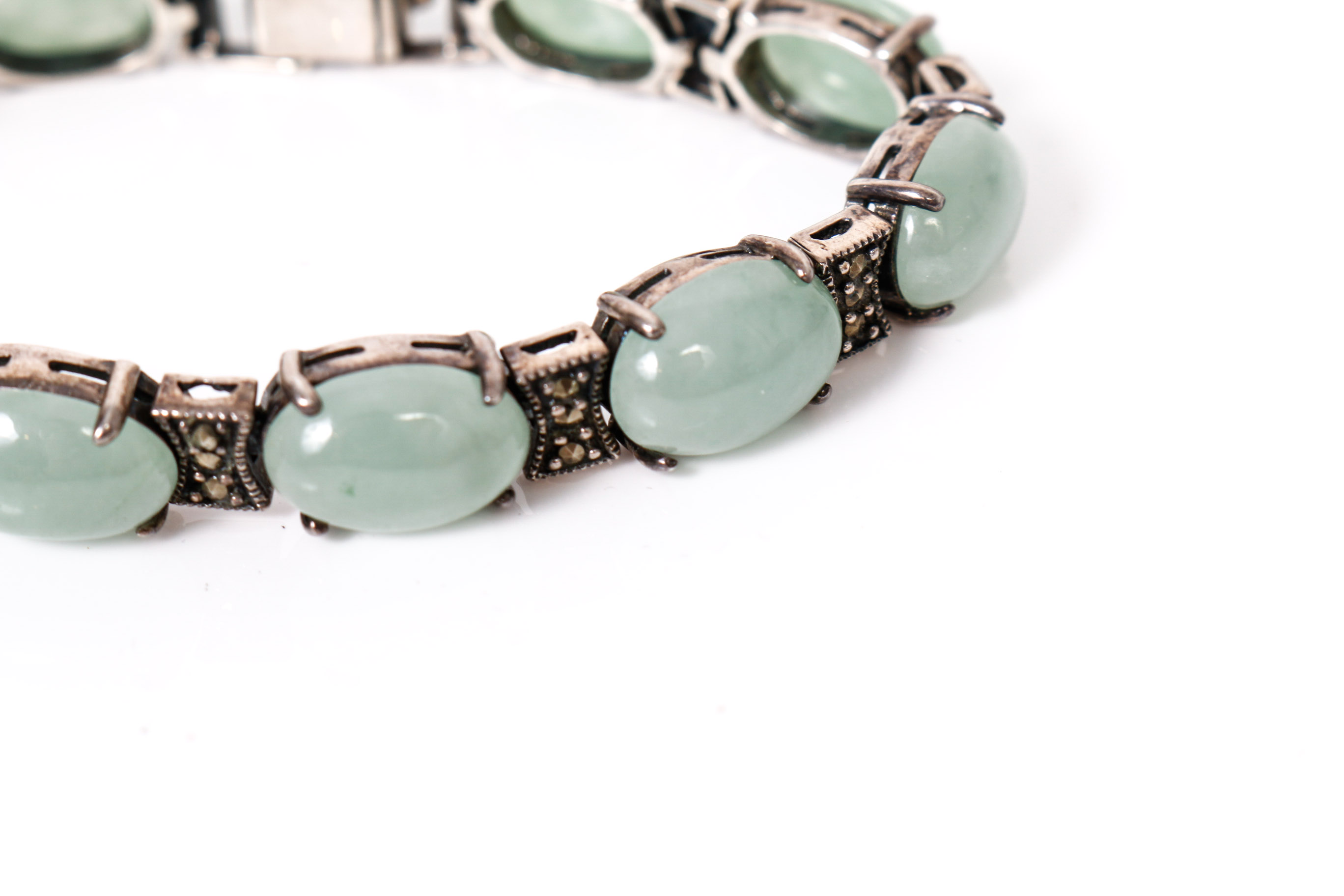 Sterling Silver and Jade Bracelet, Ring, and Earring Set