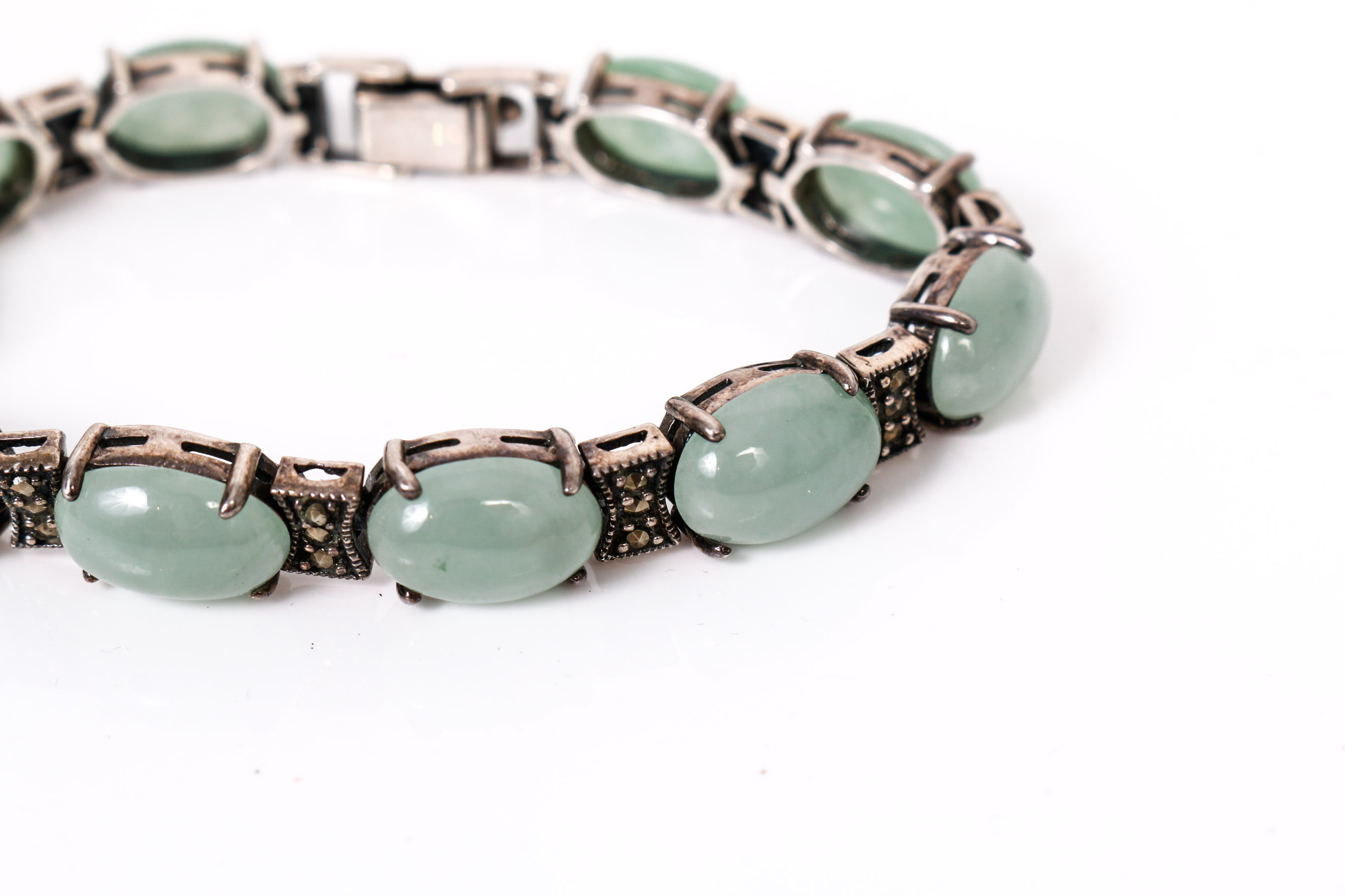 Sterling Silver and Jade Bracelet, Ring, and Earring Set
