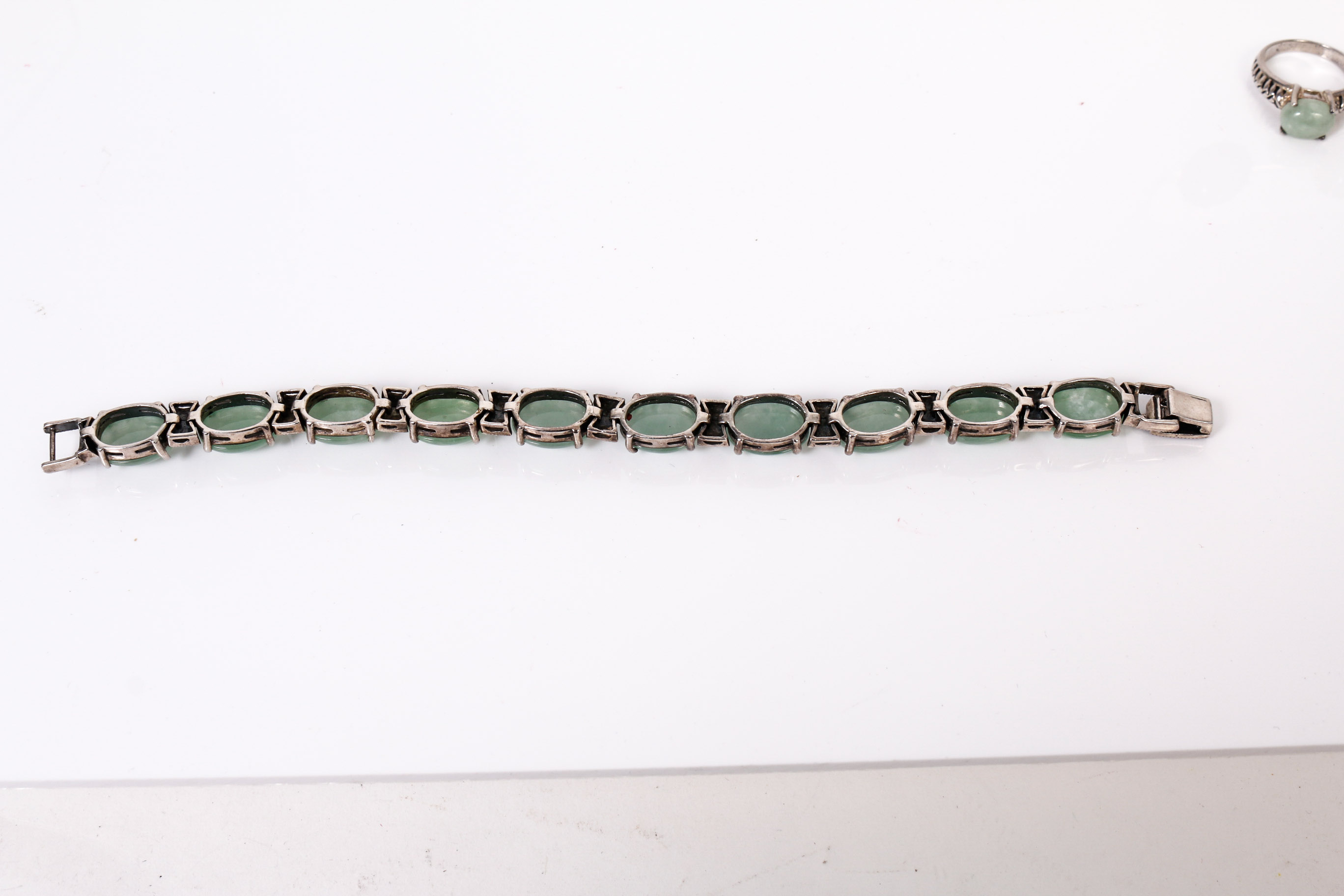 Sterling Silver and Jade Bracelet, Ring, and Earring Set