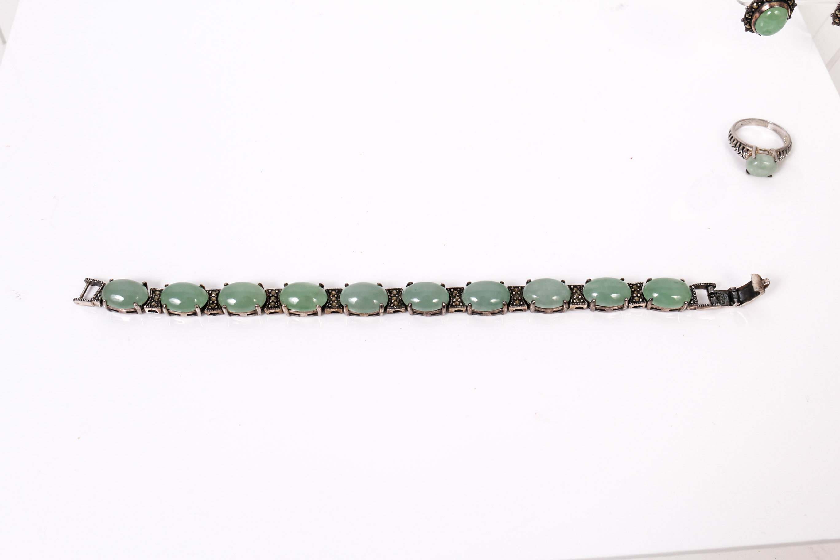 Sterling Silver and Jade Bracelet, Ring, and Earring Set