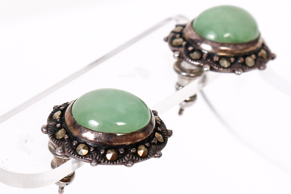 Sterling Silver and Jade Bracelet, Ring, and Earring Set