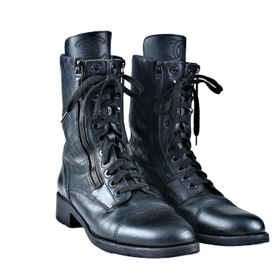 Pair of Chanel Black Leather Quilted Lace Up Combat Boots, Ladies Pair of Chanel Black Leather Quilted Lace Up Combat Boots, Ladies