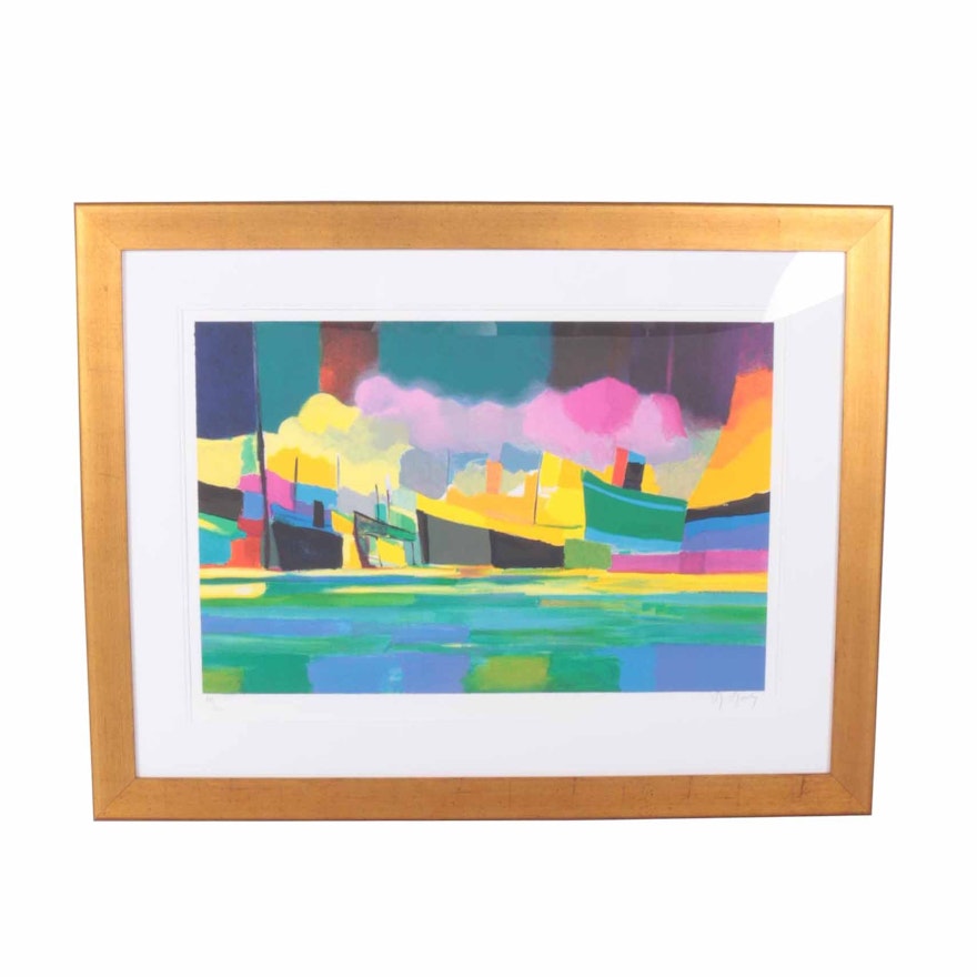 Marcel Mouly Limited Edition Lithograph on White Woven "Grand Marine Aux Fumees Roses"