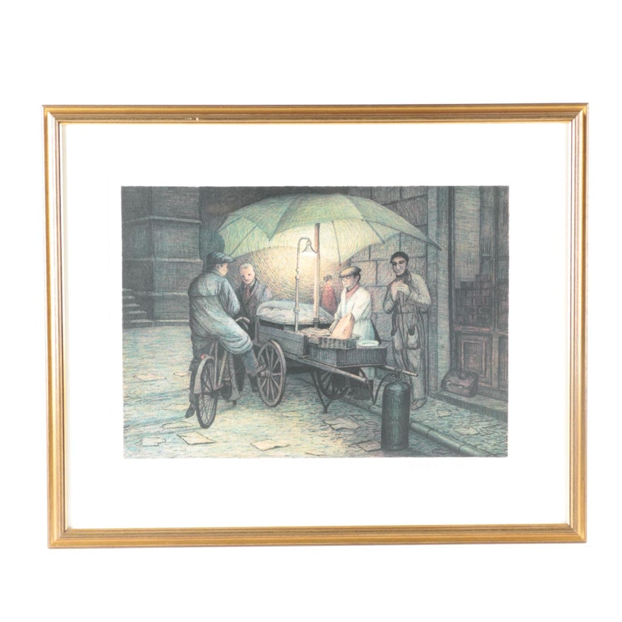 Adelindo Tassi Color Limited Edition Lithograph of Street Vendor