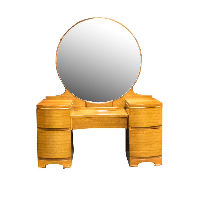 Vintage Blonde Tone Wood Vanity Table With Round Mirror