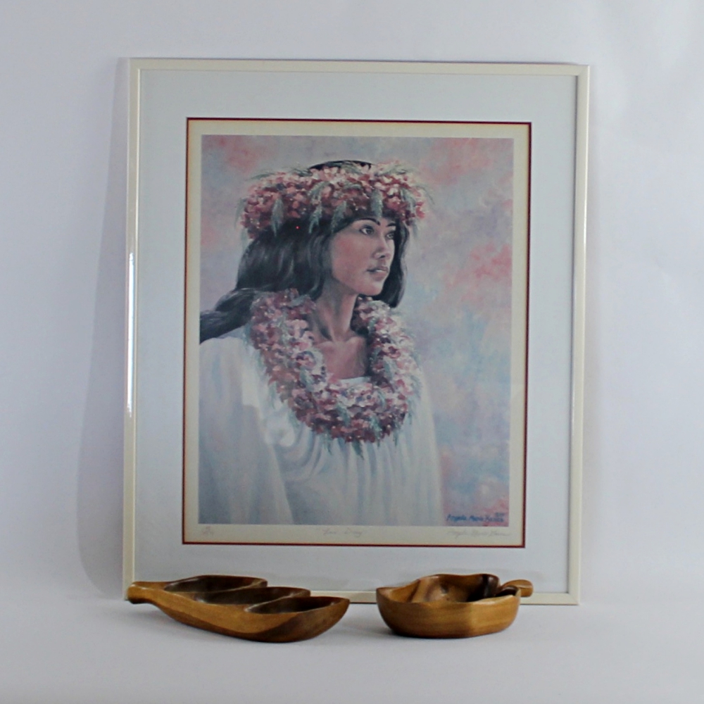 Angela Kanas Limited Edition Print and Hawaiian Monkey Pod Bowls