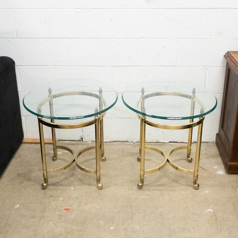 Glass Topped Brass Table Pair