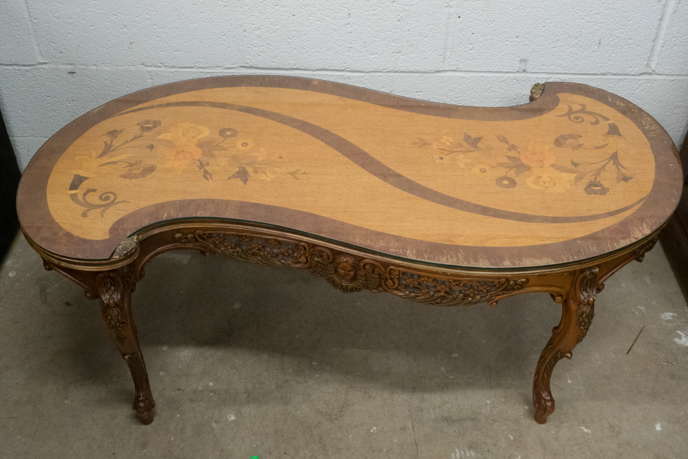 Serpentine Table With Floral Motif Marquetry Top