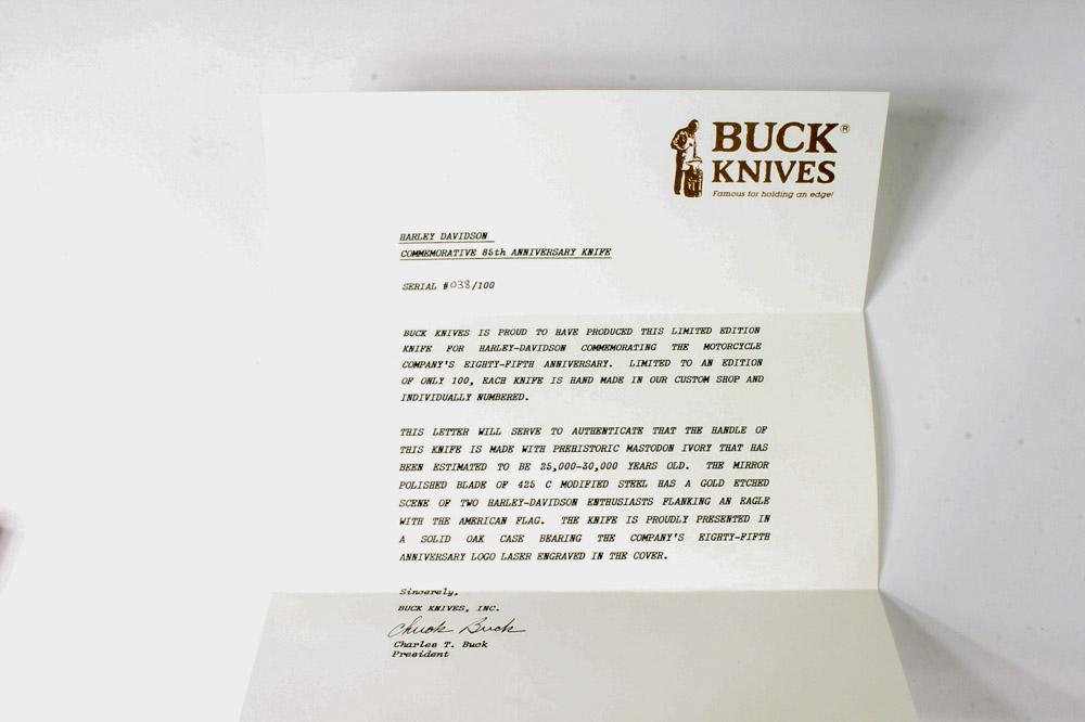 Harley-Davidson 85th Anniversary Knife with Mastodon Ivory Handle by Buck Knives