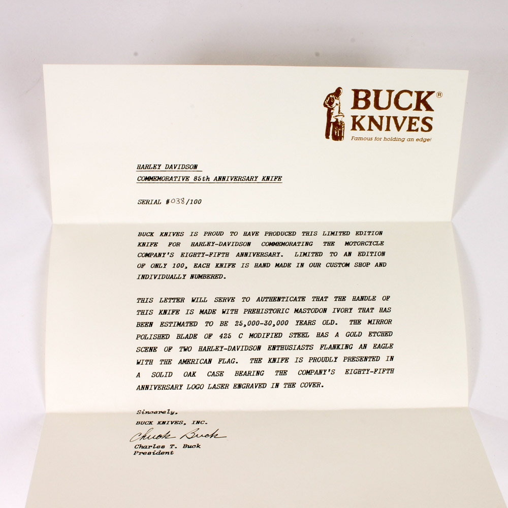 Harley-Davidson 85th Anniversary Knife with Mastodon Ivory Handle by Buck Knives