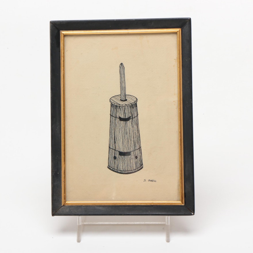 Ink Drawing of a Butter Churn by D. O'Neill