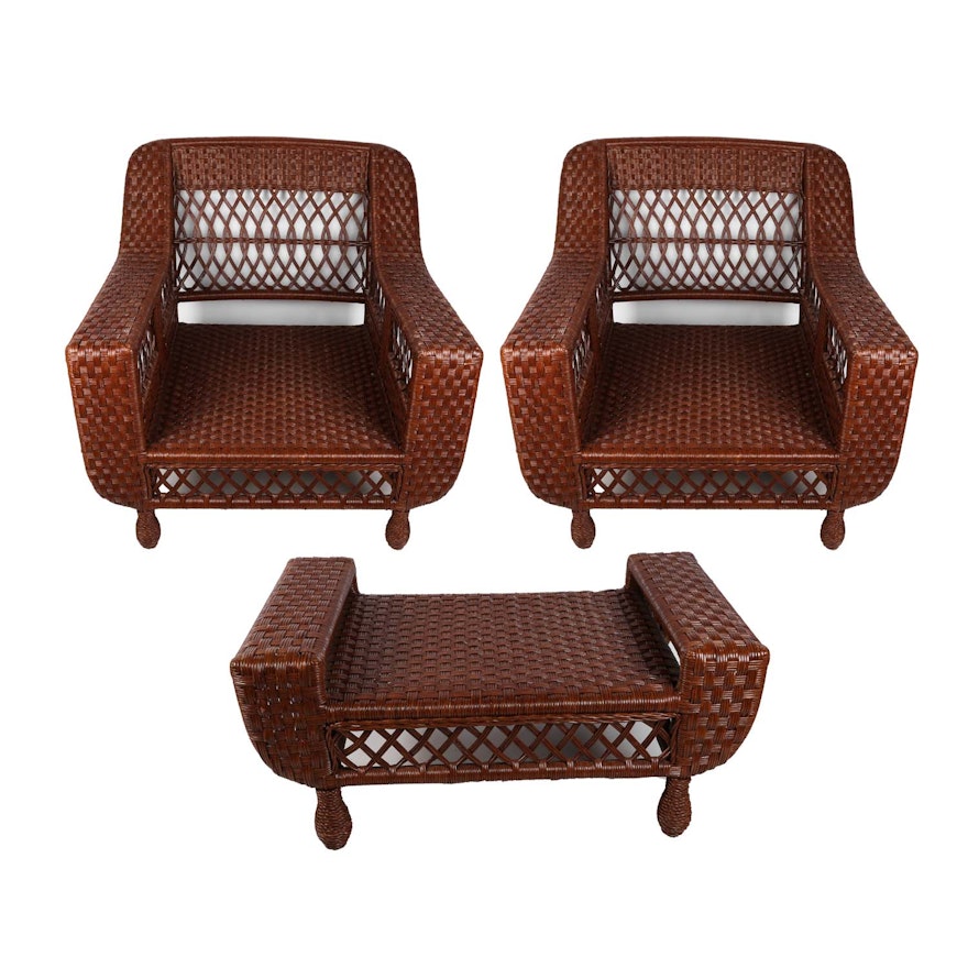 Woven Wicker Club Chairs and Ottoman
