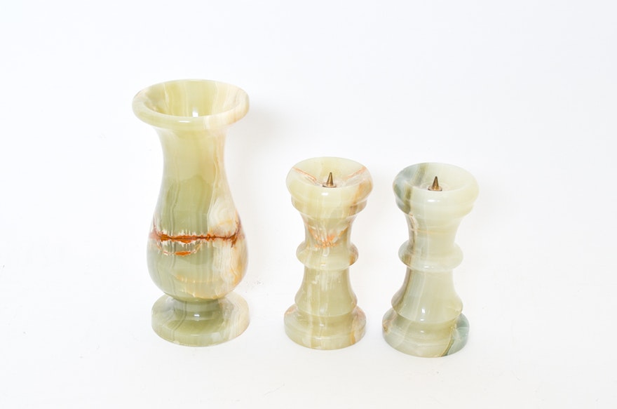 Set of Polished Stone Candlesticks, Vase and Egg