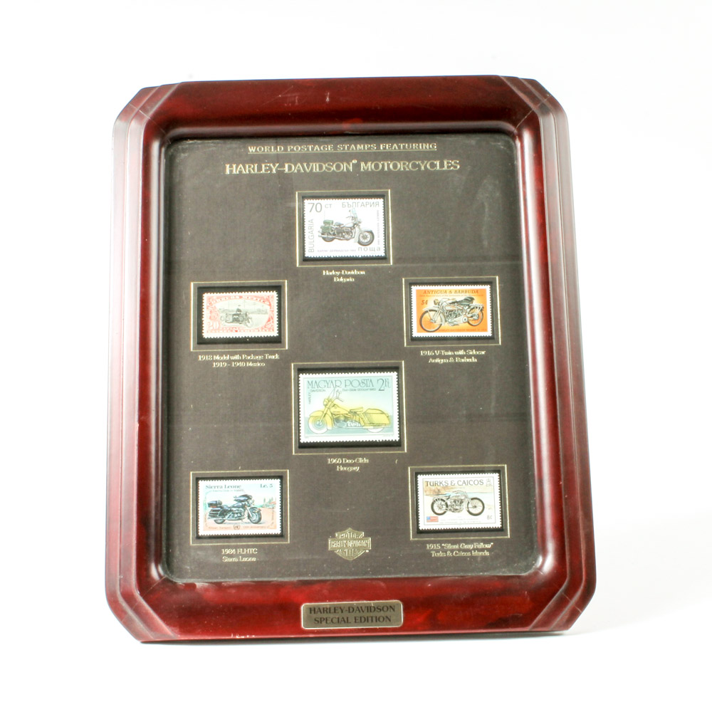 Framed Harley Davidson Postage Stamp Collection