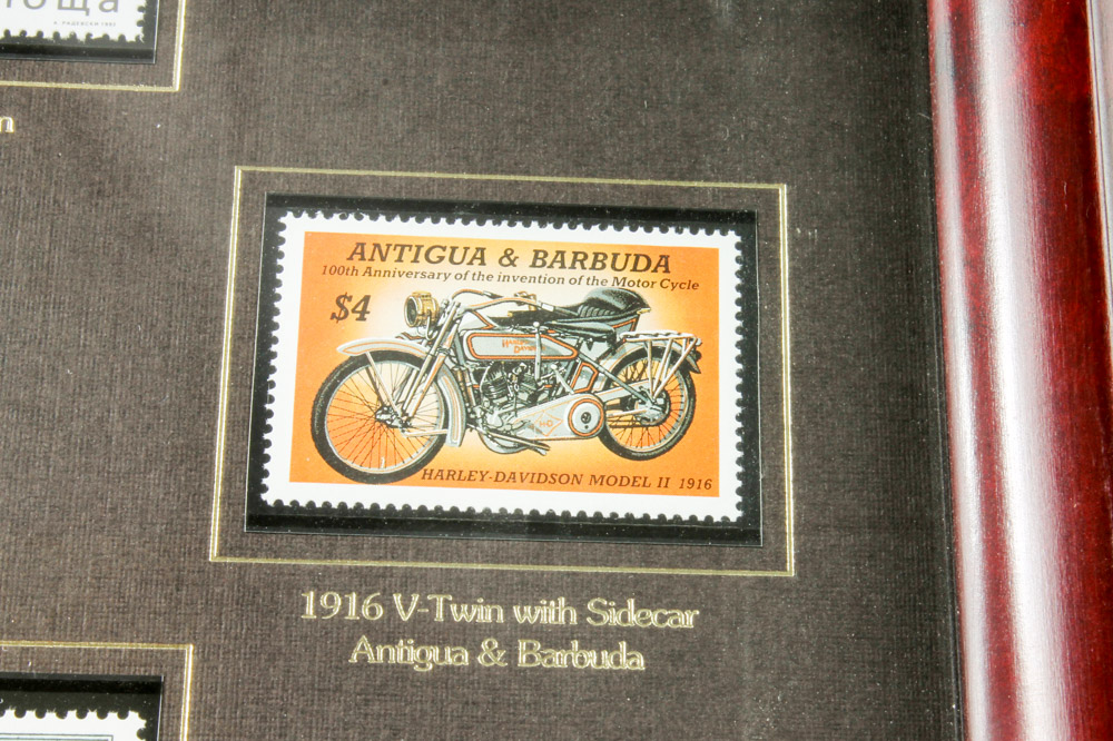 Framed Harley Davidson Postage Stamp Collection