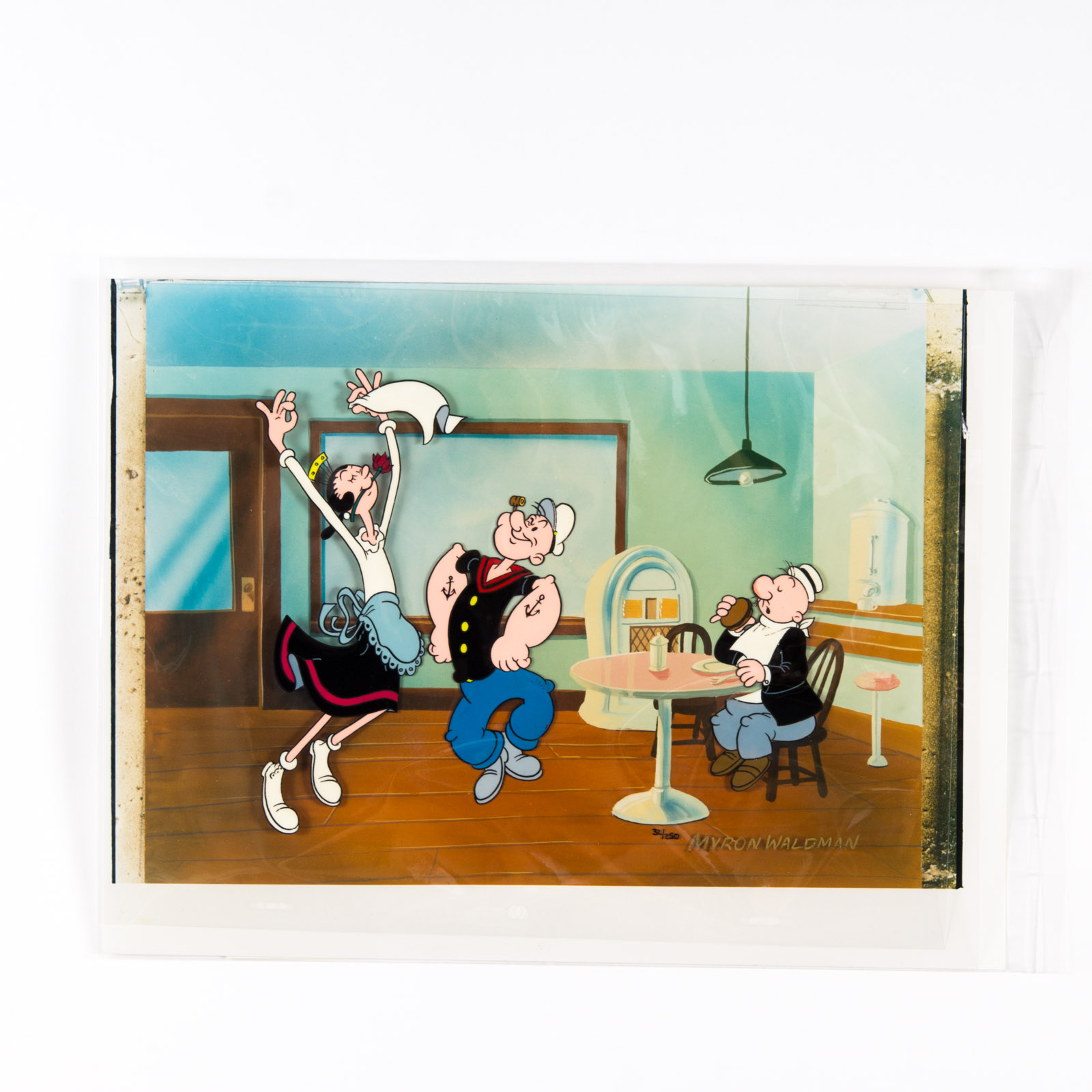 Hand-Painted Popeye Themed "Wimpy's Cafe" Animation Cel, Signed by Animator Myron Waldman