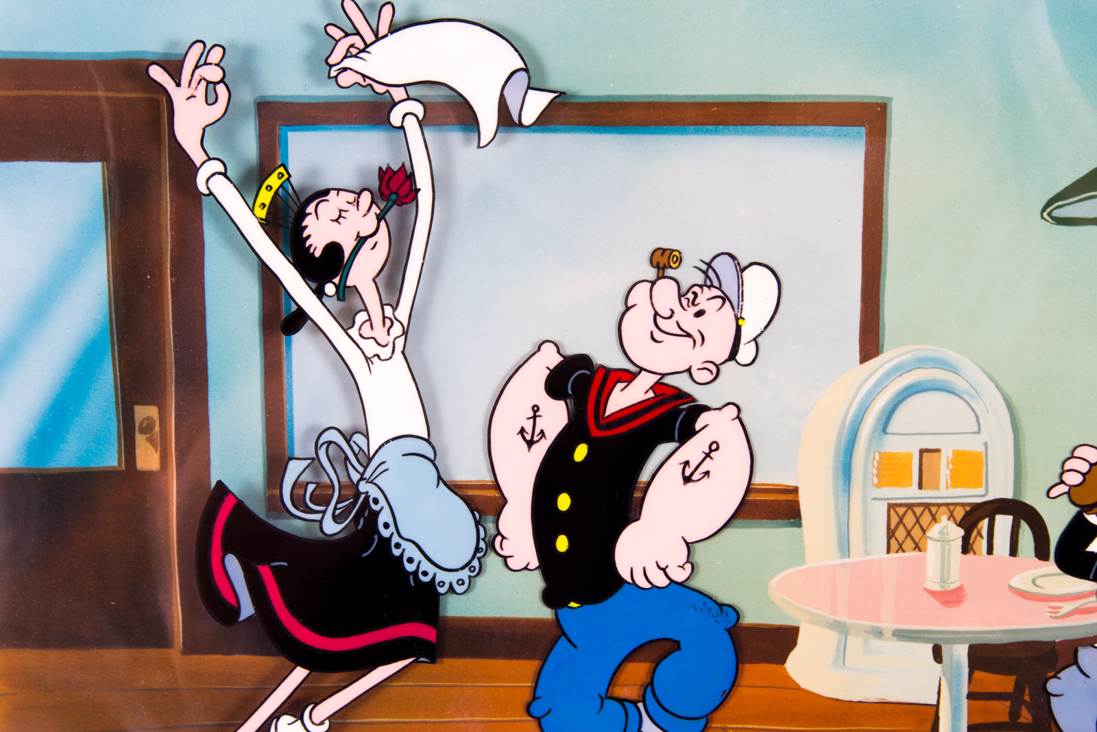 Hand-Painted Popeye Themed "Wimpy's Cafe" Animation Cel, Signed by Animator Myron Waldman