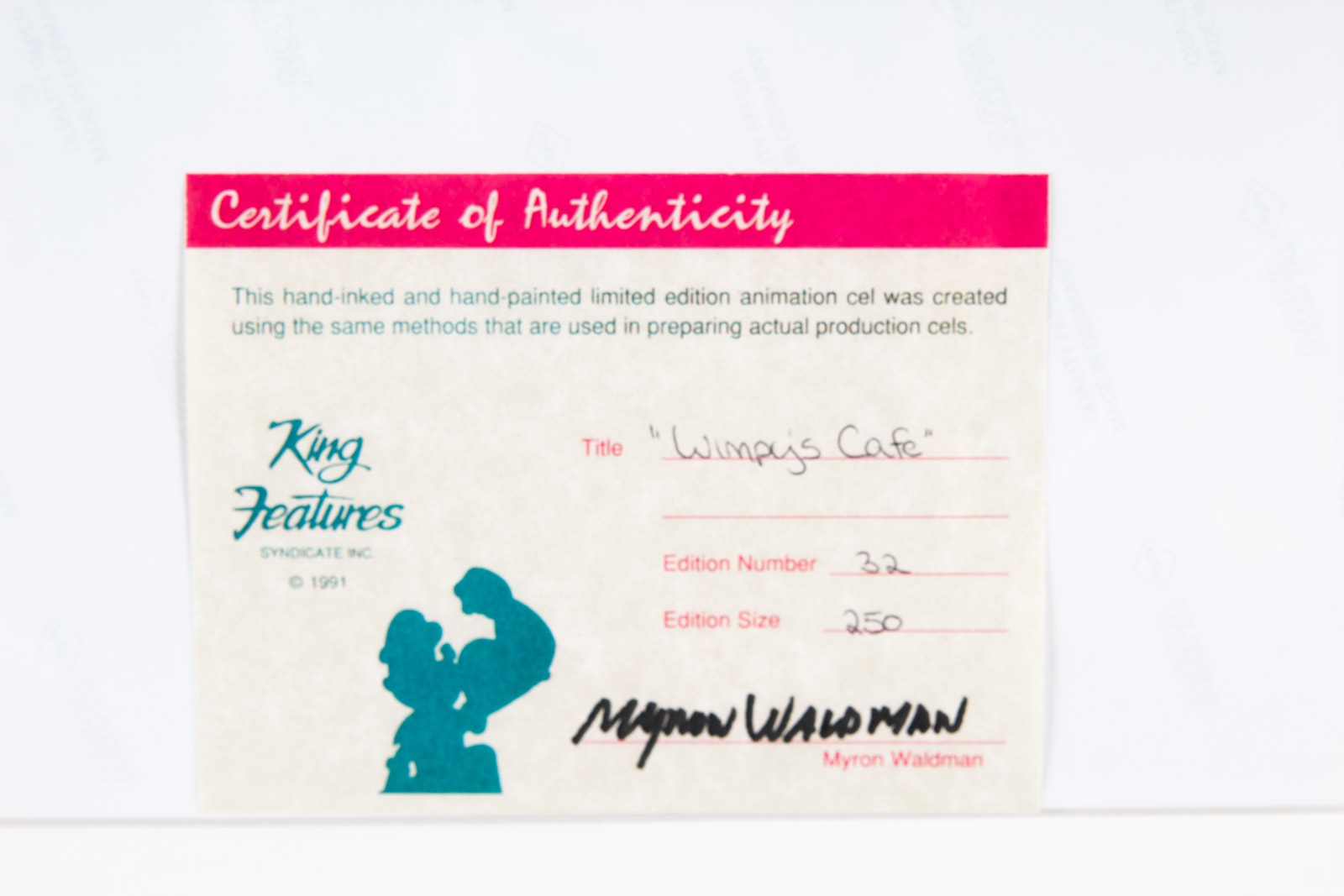 Hand-Painted Popeye Themed "Wimpy's Cafe" Animation Cel, Signed by Animator Myron Waldman