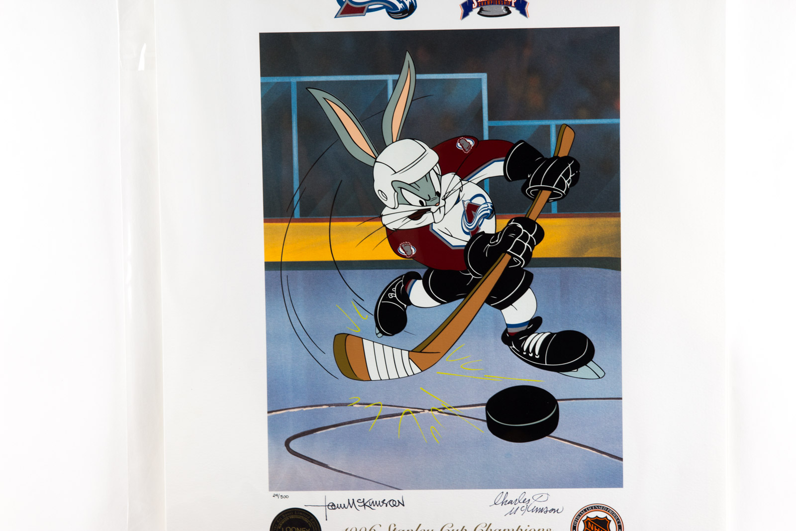 Colorado Avalanche Hockey Themed Looney Tunes "He Shoots, He Scores" Lithoserigraph, Signed by Animators Tom and Charles McKimson