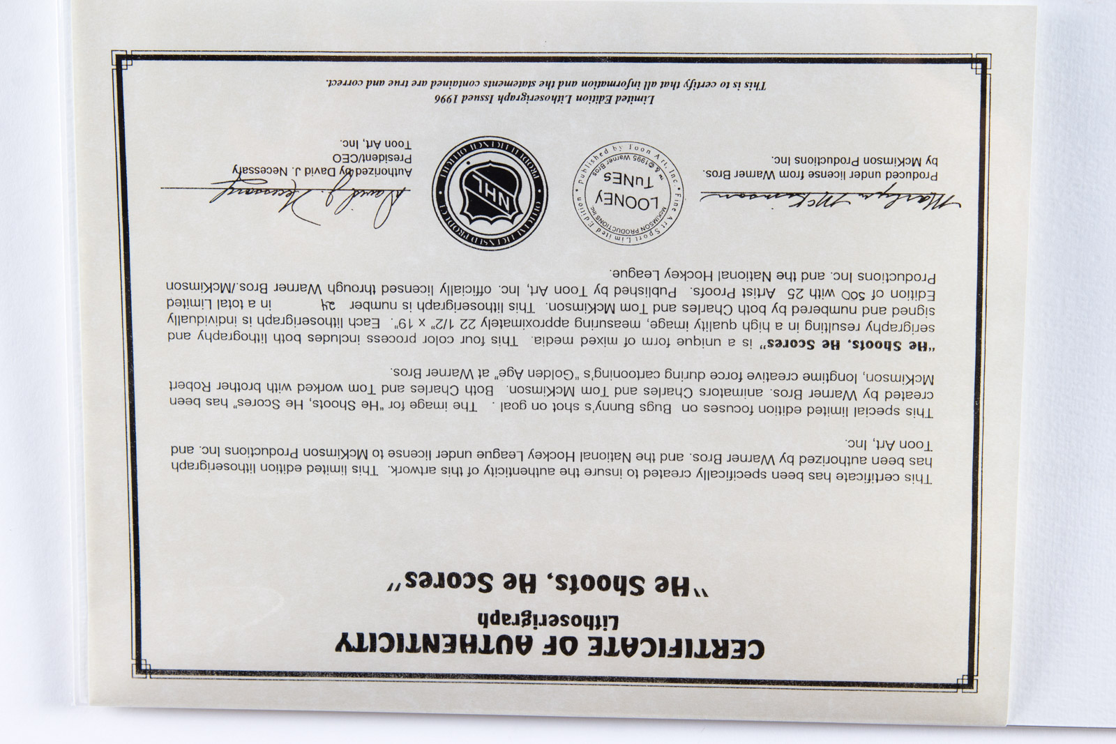 Colorado Avalanche Hockey Themed Looney Tunes "He Shoots, He Scores" Lithoserigraph, Signed by Animators Tom and Charles McKimson