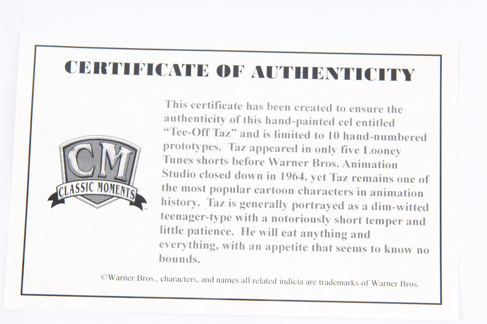 Hand-Painted Golf Themed Tasmanian Devil "Tee-Off Taz" Prototype Animation Cel