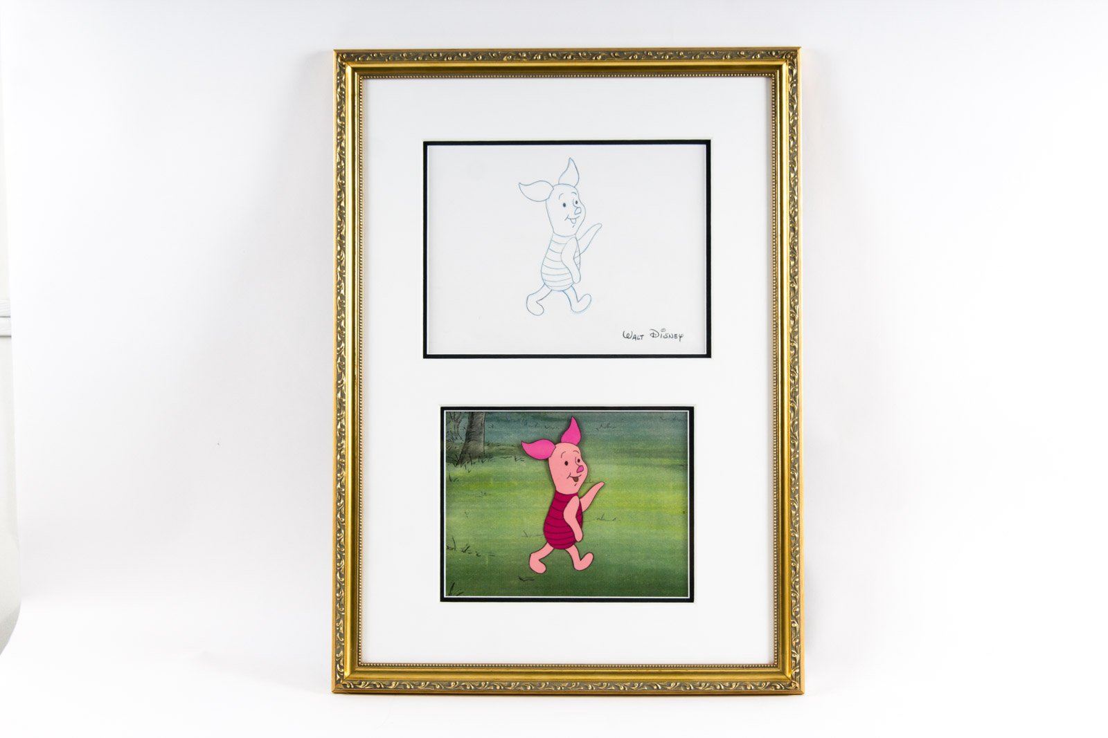 Paul Carlson Hand Painted 1980s Piglet "Winnie the Pooh" Animation Cel and Preparatory Drawing with Facsimile Walt Disney Signature